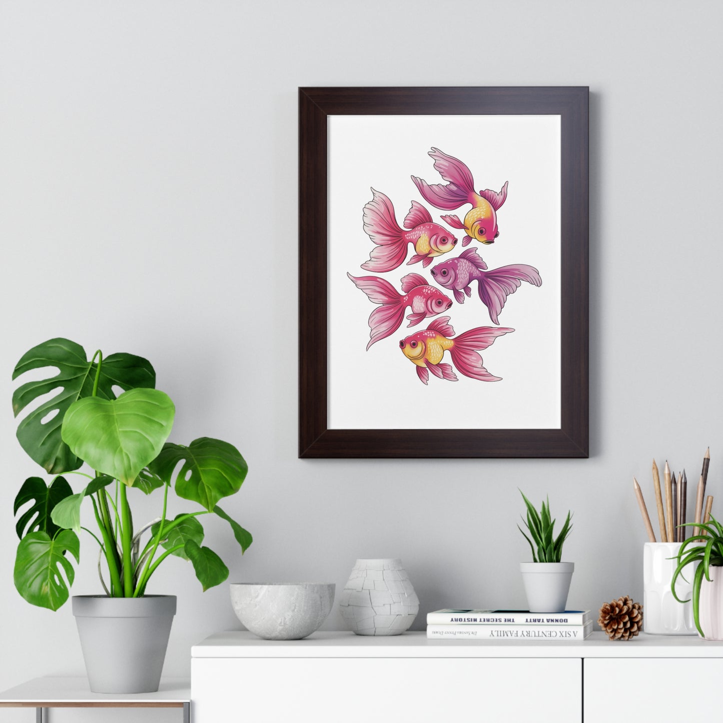 Goldfish Wall Art features a detailed watercolor of elegant goldfish with oversized fins. Ideal for high-end decorative prints, it suits art enthusiasts seeking vibrant, whimsical decor. Comes with frame and hanging hardware.