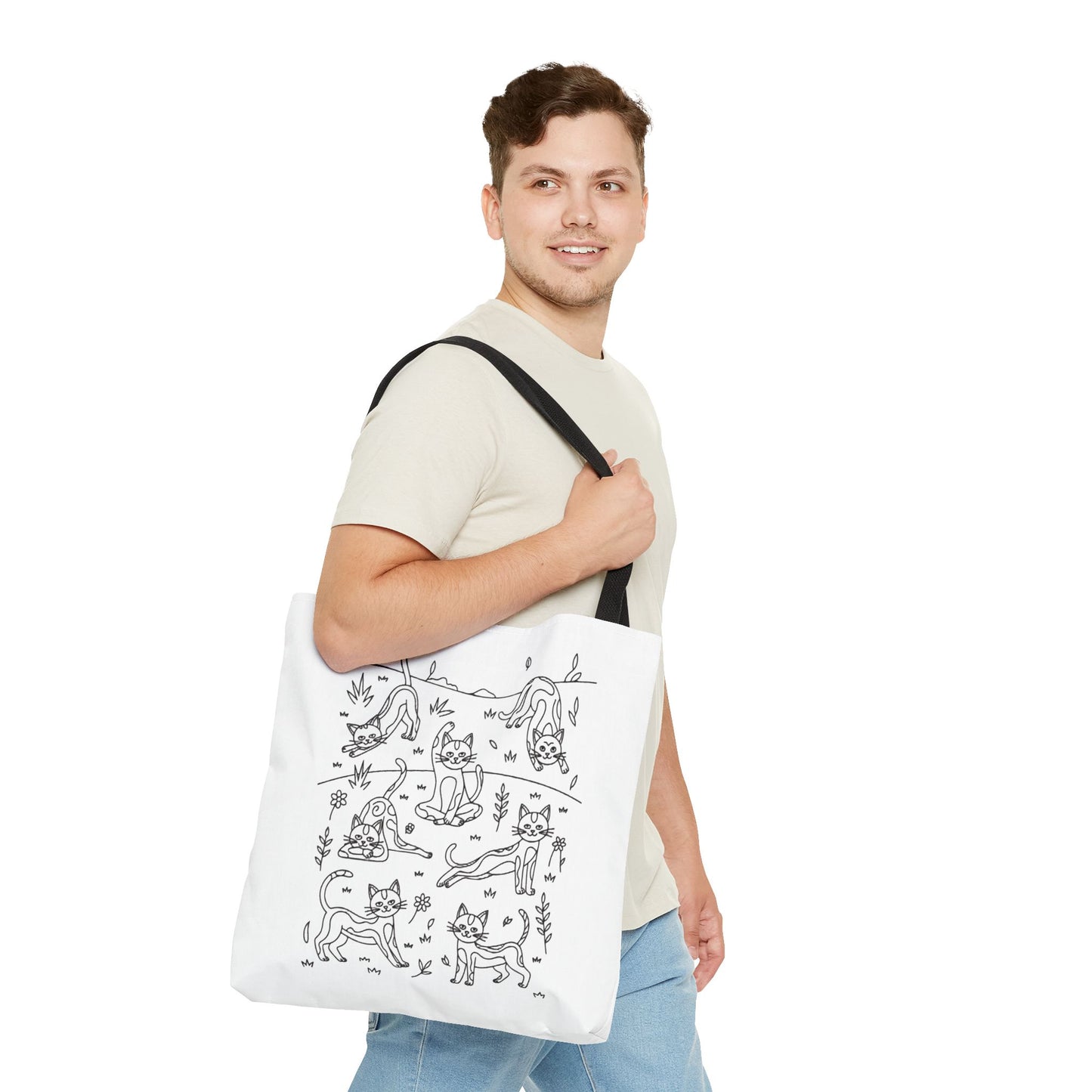 Yoga Cat Tote Bag with playful cat yoga poses, perfect for cat lovers and yoga enthusiasts. Ideal for carrying essentials with durable polyester, reinforced handles, and boxed corners for extra space.