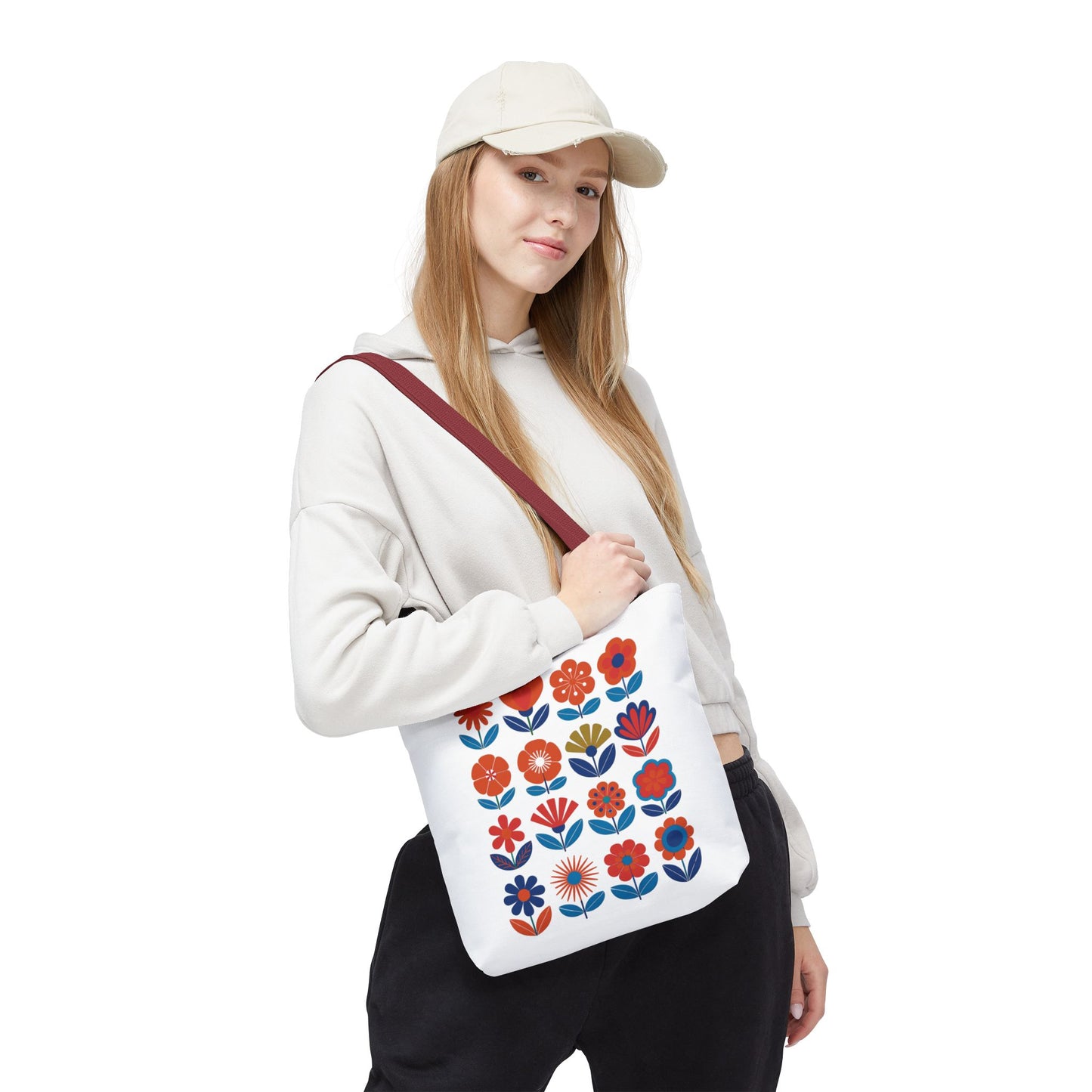 Floral Tote Bag showcasing mid-century modern floral elements, ideal for fashion-forward individuals. Durable and stylish, perfect for carrying essentials. Available in various sizes with reinforced handles for strength.