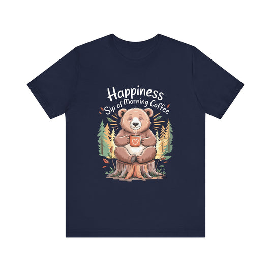 Funny Bear Happiness: Sip of Morning Coffee Bella+Canvas Unisex T-Shirt featuring a cartoon bear joyfully holding a coffee mug, embodying a cheerful, quirky design for casual wear.