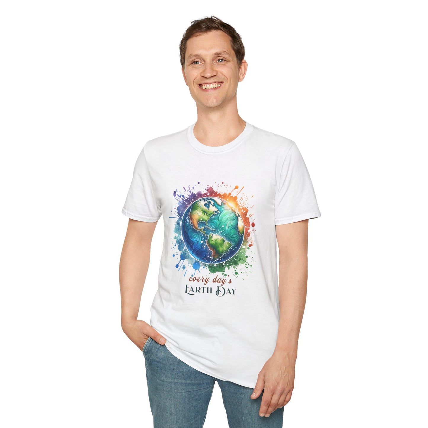 Every Day is Earth Day Gildan Unisex T-Shirt featuring a colorful planet graphic, worn by a smiling man in blue jeans.