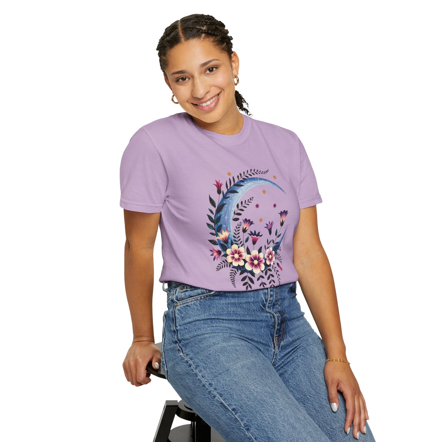 Crescent Moon Floral T-shirt featuring a bohemian design with intricate floral patterns, embodying a relaxed fit and crew neckline, ideal for casual wear or special gatherings.
