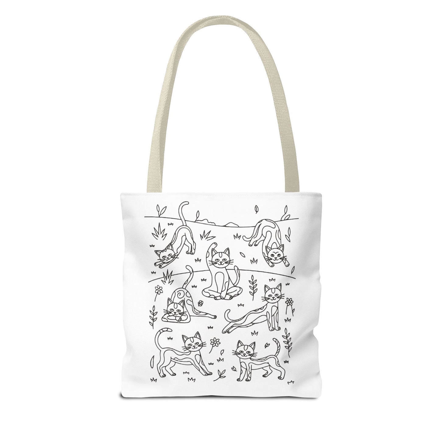 Yoga Cat Tote Bag featuring whimsical cat yoga poses, perfect for errands. Durable polyester with reinforced handles and boxed corners, available in multiple sizes. Ideal for cat lovers and yoga fans alike.