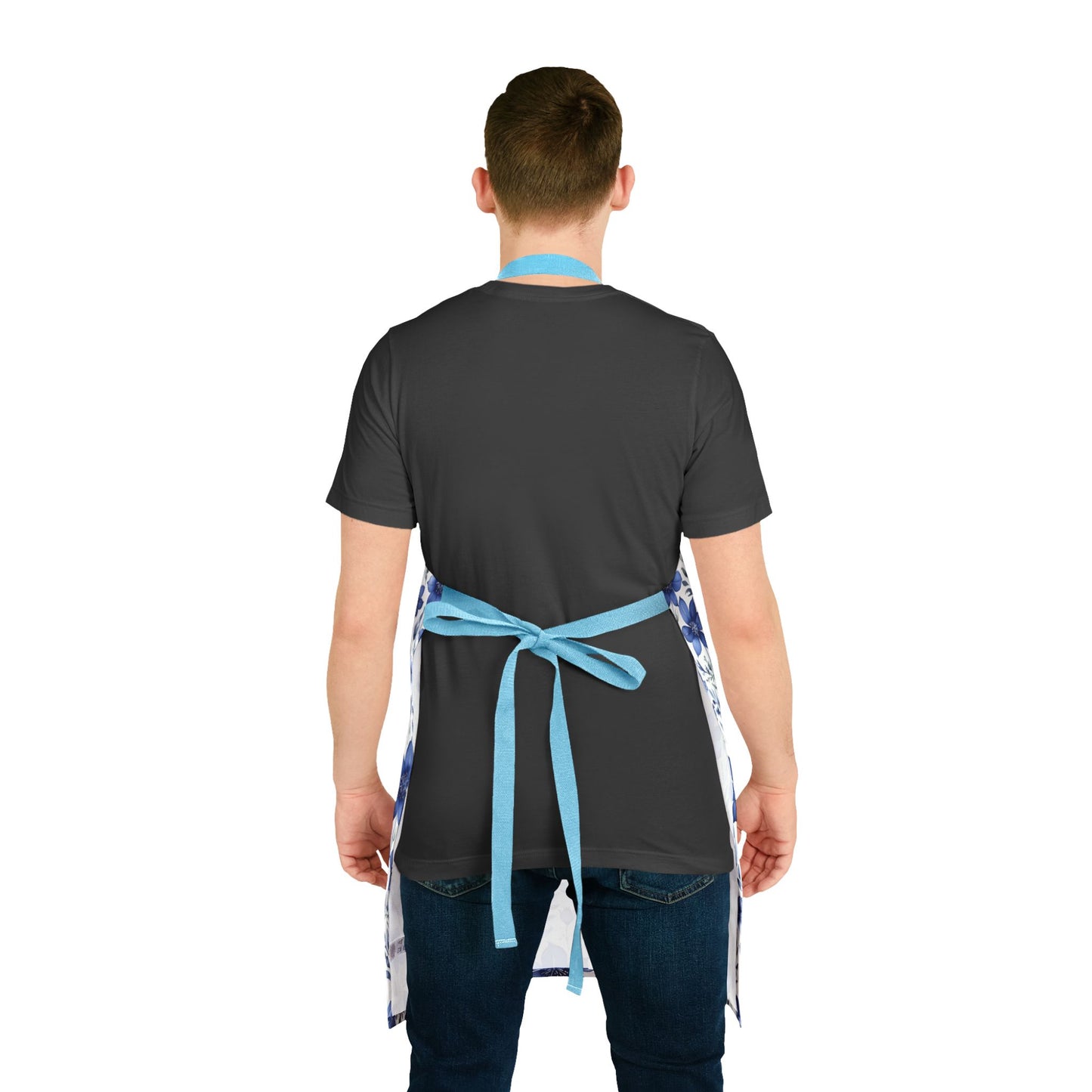 Apron, Blue Wildflower Pattern: A stylish, hand-painted indigo blue wildflower apron, perfect for home chefs and artists. Features a tie-back closure and vibrant design, embodying FireBrook Essentials' uplifting style.