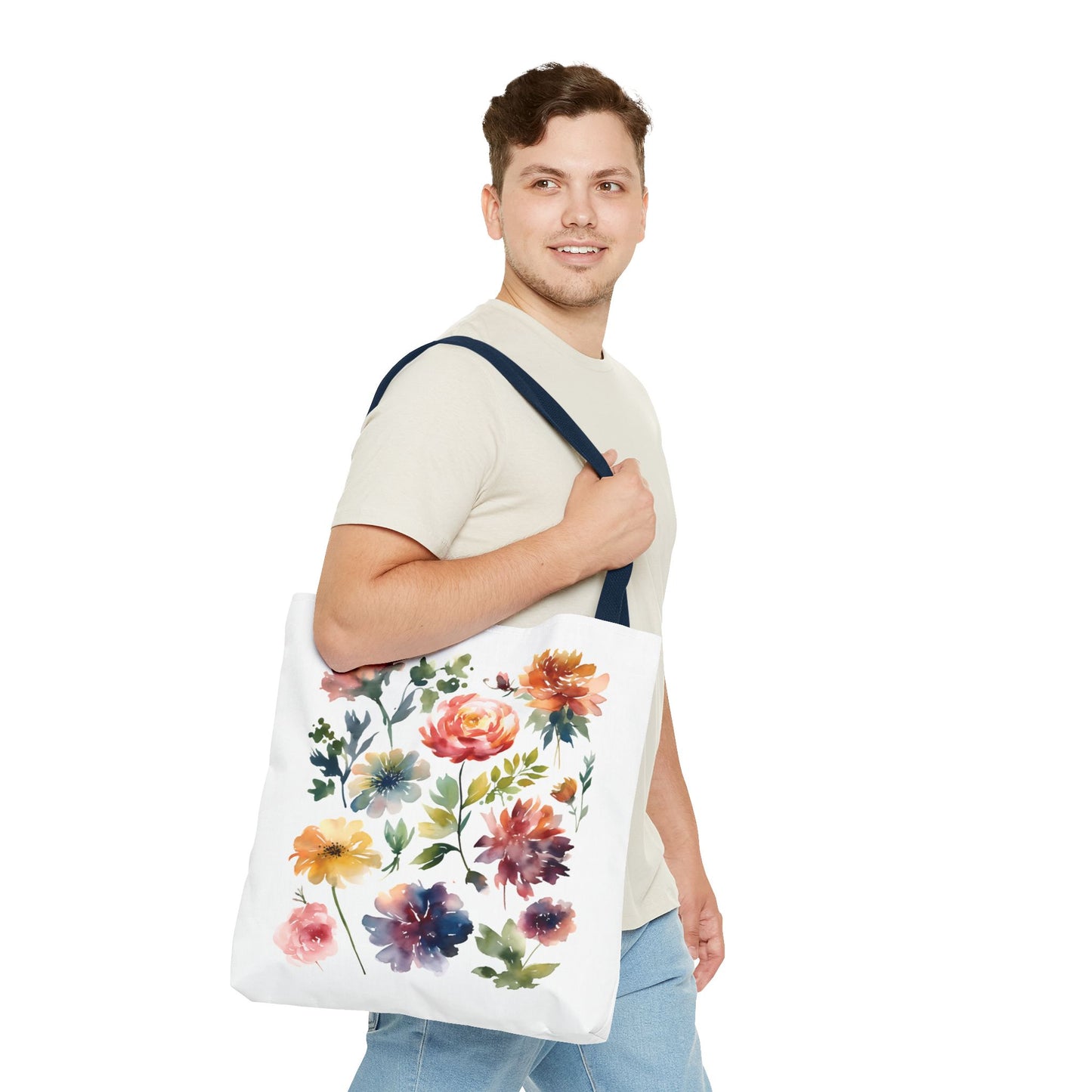 Man holding Watercolor Floral Tote Bag with flower design, showcasing FireBrook Essentials' blend of style and practicality for everyday use.