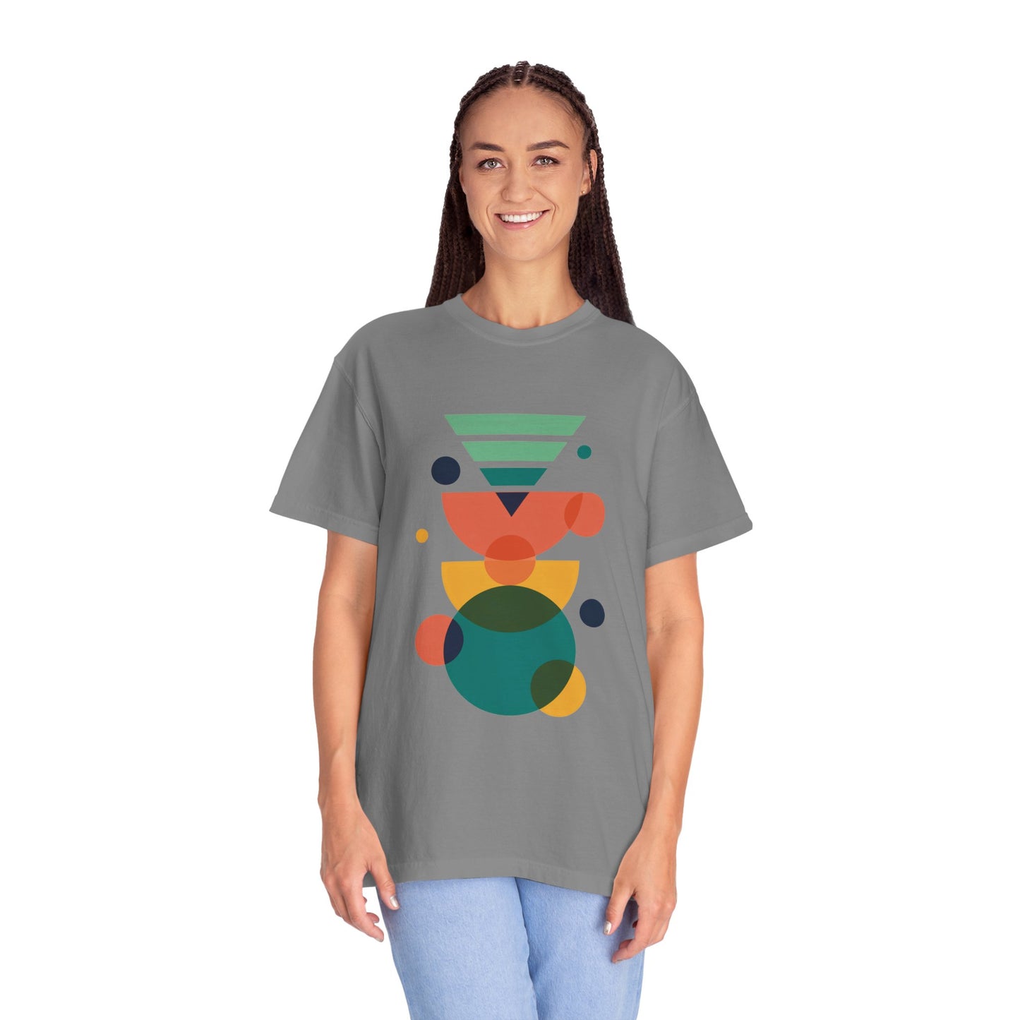Unisex T-shirt titled Geometric Abstract in Teal, Blue, Yellow, Pink, Green, featuring a vector-style design with geometric shapes, offering a trendy, artistic vibe and relaxed fit for stylish comfort.