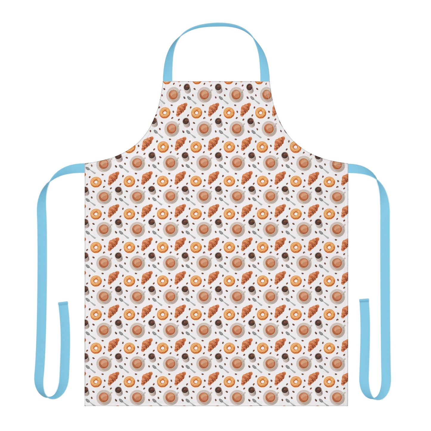 Apron Coffee Cups Donuts Croissants Beans Spoon design showcases playful motifs of coffee cups, donuts, croissants, coffee beans, and spoons, ideal for coffee lovers and brunch enthusiasts from FireBrook Designs.