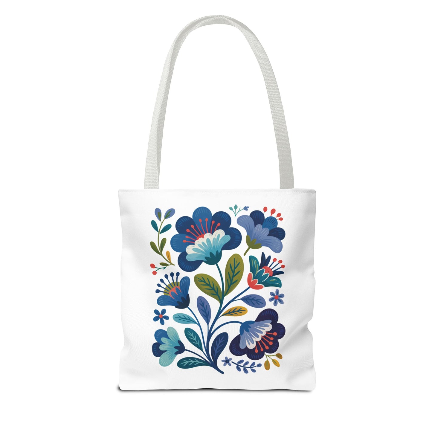 Vintage Folk Art Design Blue Floral Tote Bag with a charming floral pattern, perfect for daily use or special occasions. Features durable polyester, reinforced handles, and available in multiple sizes from FireBrook Essentials.