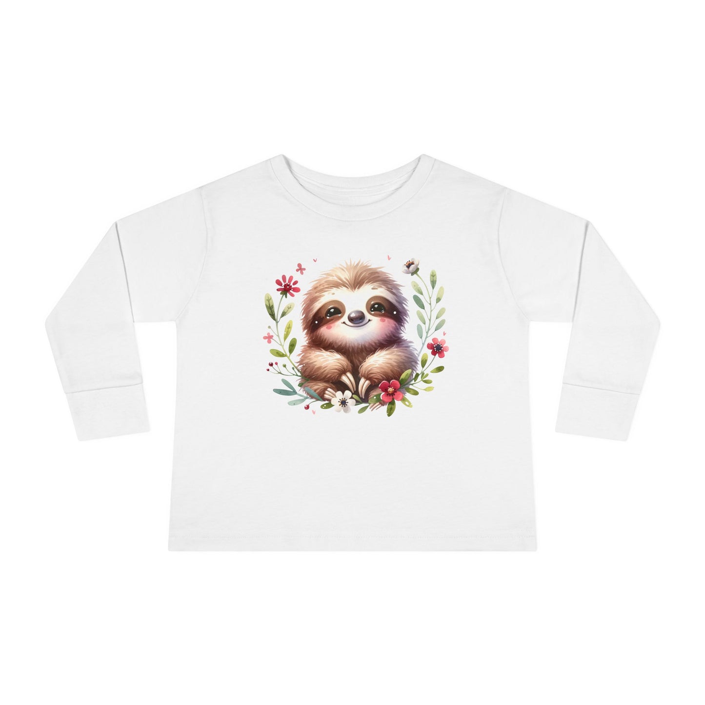 Sloth Toddler T-Shirt featuring a playful cartoon sloth surrounded by flowers, designed for comfort and style with ribbed collar and side seams, perfect for joyful, everyday wear.