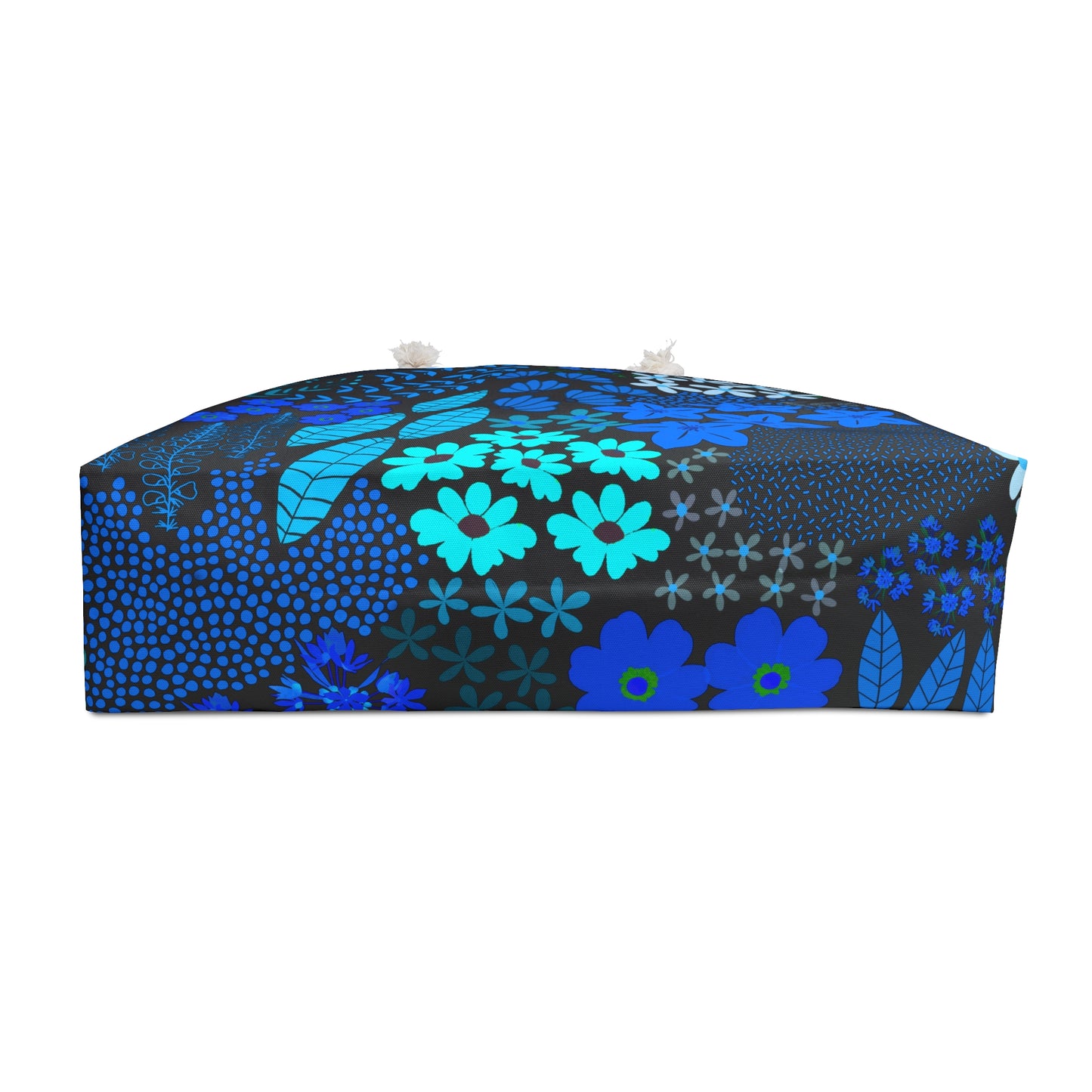 Floral Weekender Bag with hand-drawn blue florals, featuring rope handles and gold grommets, ideal for getaways. A spacious, stylish piece from FireBrook Designs, enhancing travel with uplifting design.