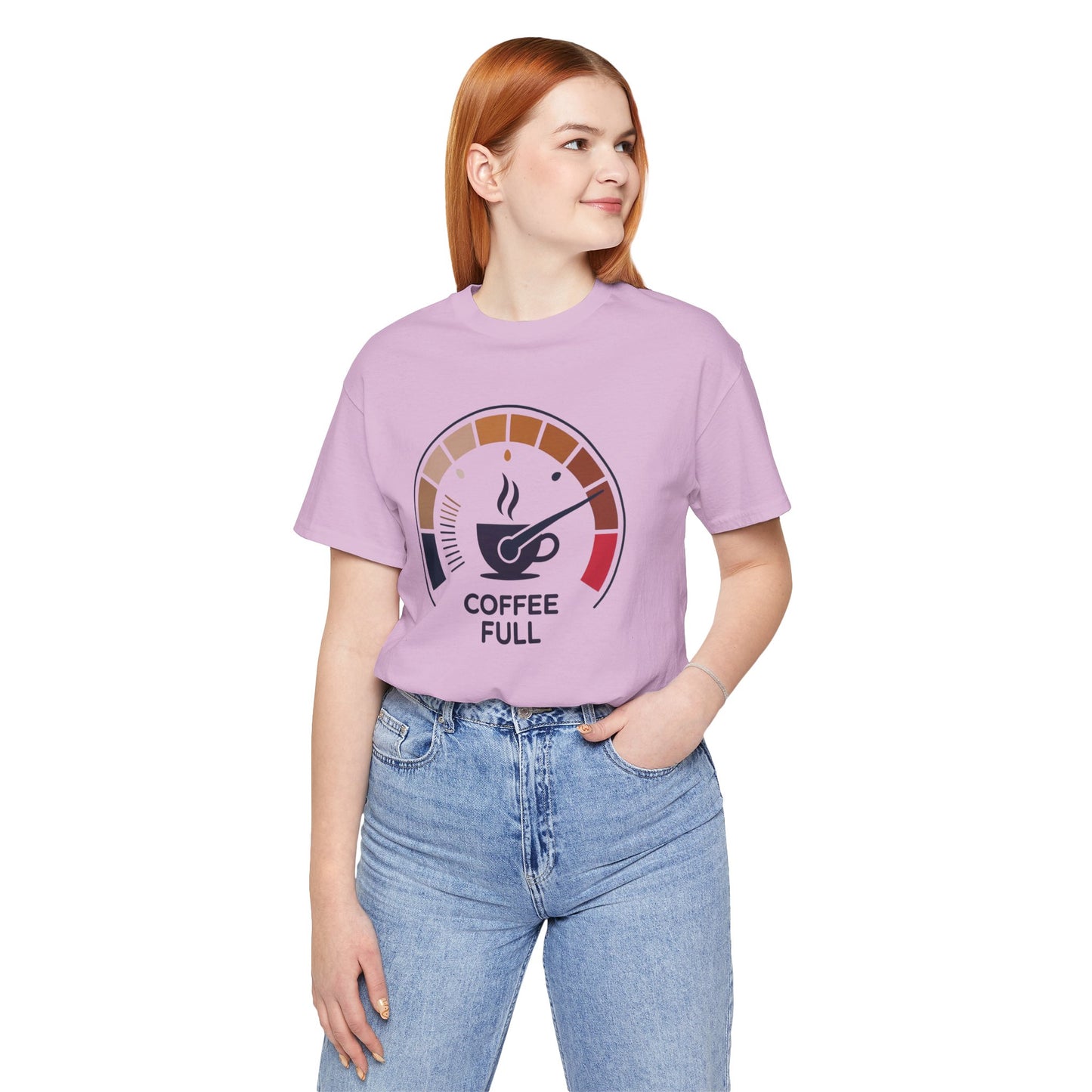 Coffee Full Bella+Canvas Unisex T-Shirt worn by a woman, showcasing a graphic design ideal for coffee lovers, emphasizing comfort with a lightweight, retail-fit style suitable for casual and active wear.