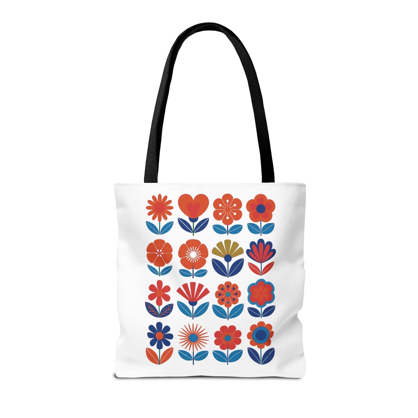 Floral Tote Bag showcasing mid-century modern floral patterns, designed for fashion-forward individuals. Ideal for carrying essentials, this durable bag epitomizes the trendy, stylish ethos of FireBrook Essentials.