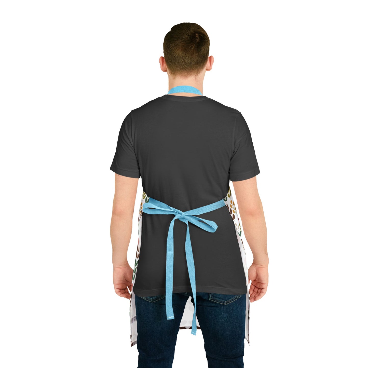 Flower Pattern Apron with vibrant floral design, showcasing a close-up of the tie-back closure. Ideal for creative cooks and artists, this apron offers comfort and style with its polyester canvas material.