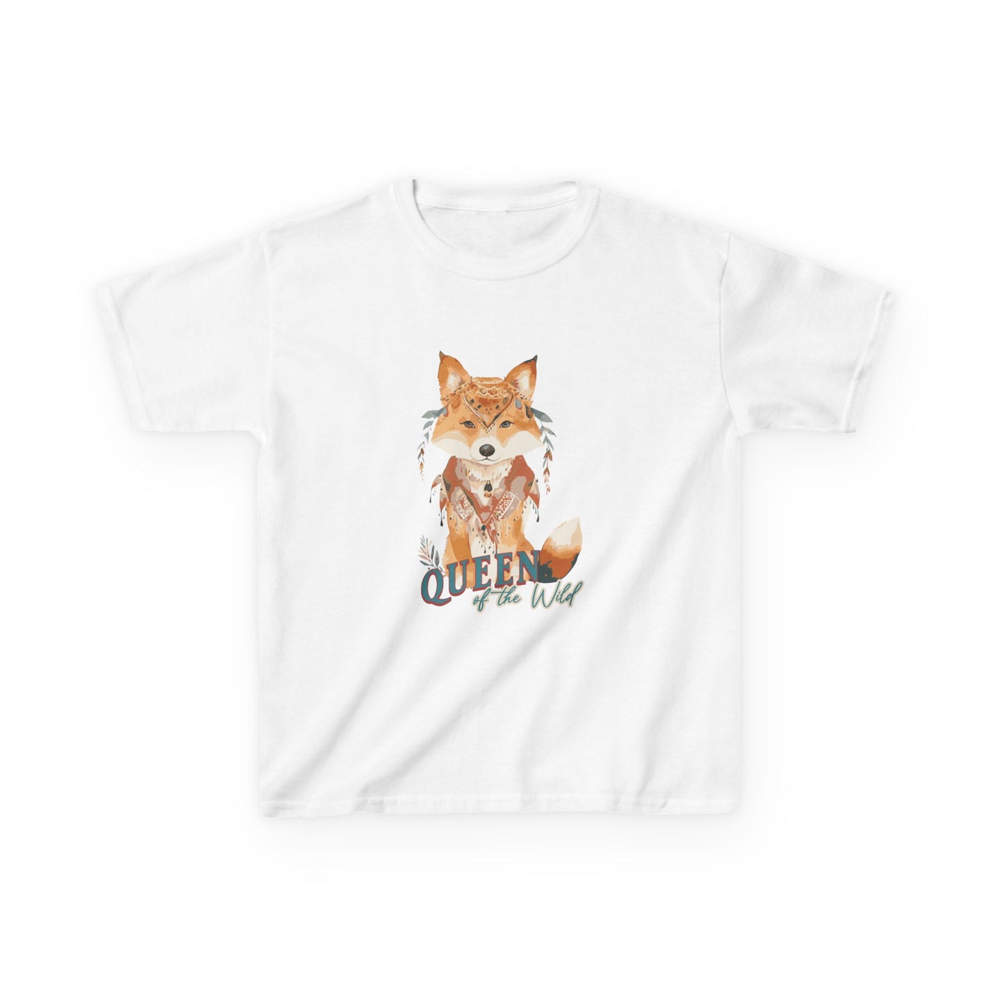 Fox - Queen of the Wild Youth Gildan Unisex T-Shirt featuring a crowned fox with a scarf, embodying playful adventure and nature's spirit, ideal for young explorers.