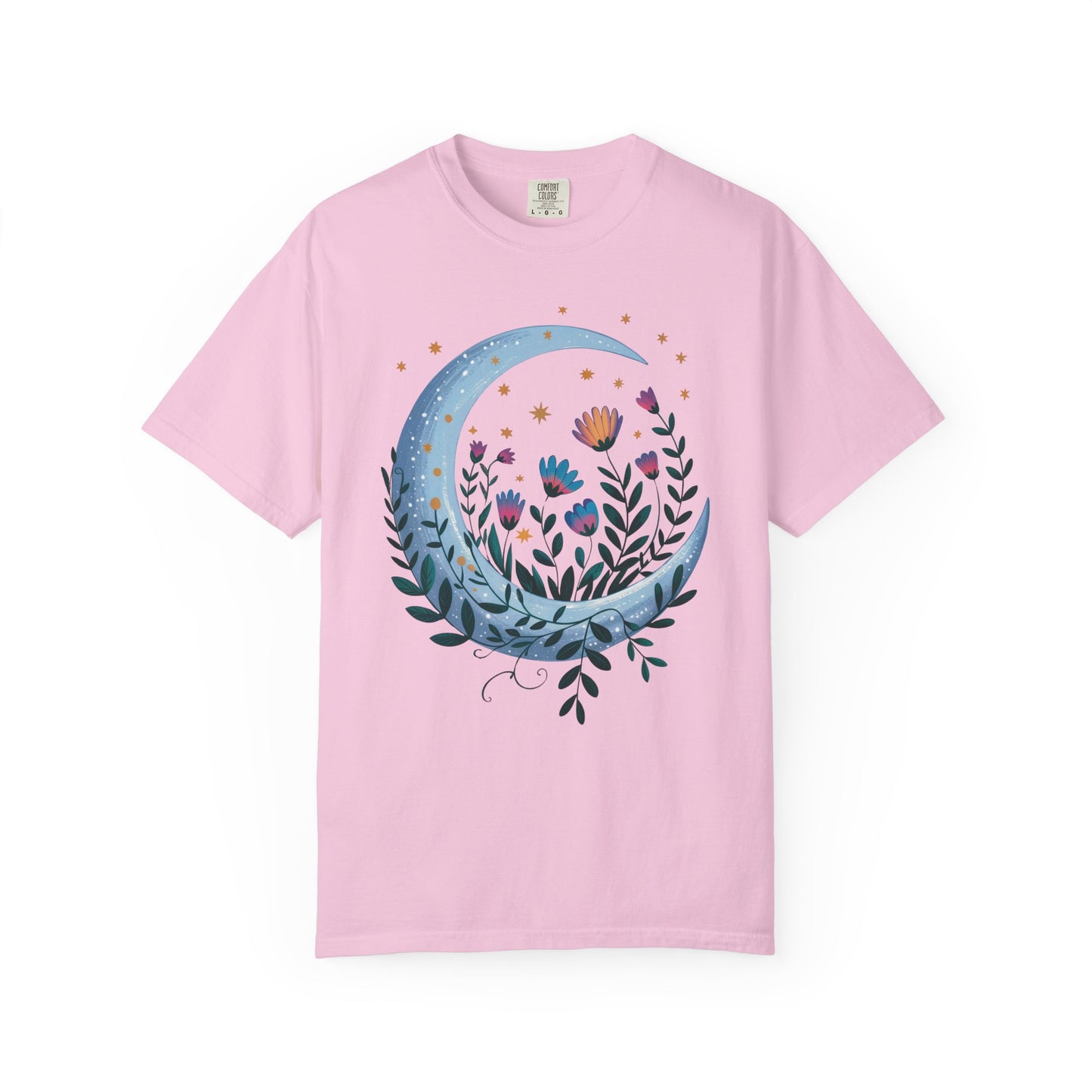 Crescent Moon with Flowers T-Shirt features a bohemian design with a crescent moon and floral accents. Ideal for casual wear, reflecting FireBrook Essentials' commitment to stylish, comfortable apparel.