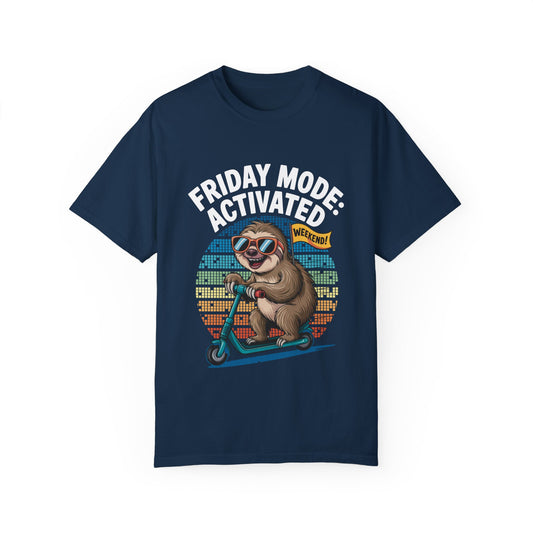 Friday Mode Activated Sloth Work Life Comfort Colors Unisex T-Shirt featuring a cartoon sloth on a scooter, wearing sunglasses, perfect for relaxed and casual settings.