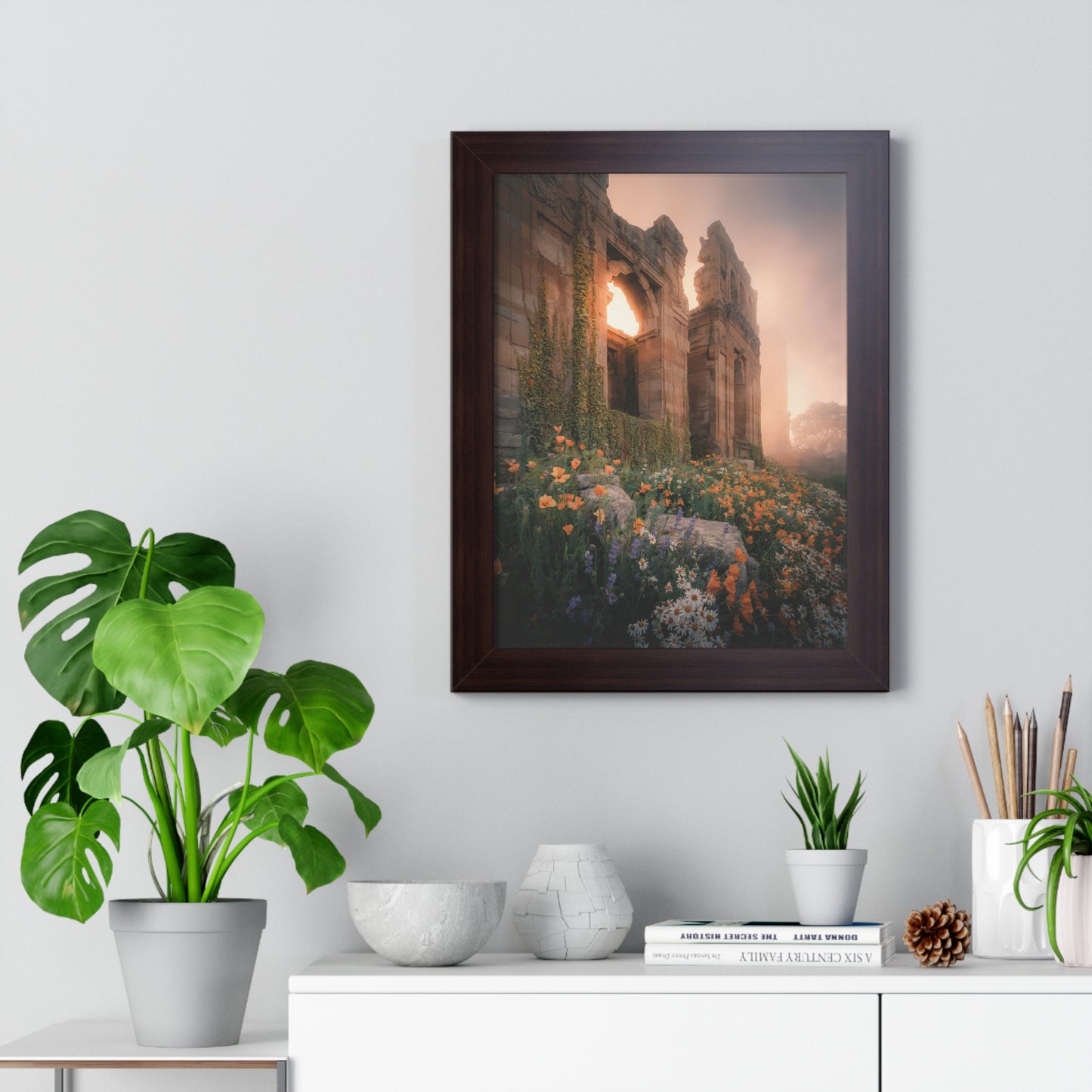 Vertical Poster - Ancient Palace Ruins with Wildflowers and Sunrise Photography Art Print: A framed art piece showcases vibrant wildflowers enveloping ancient ruins, perfect for adding whimsical tranquility to your home decor.