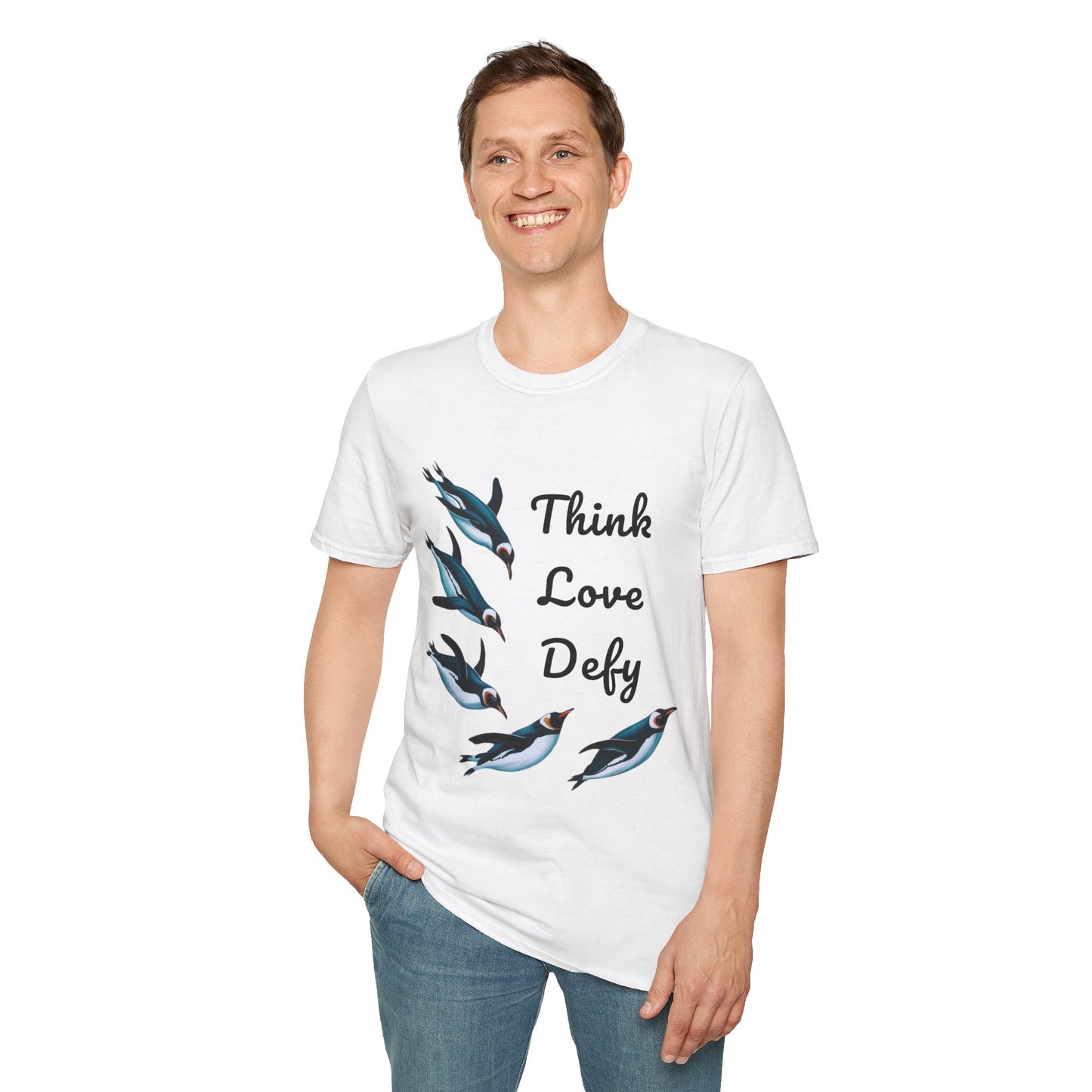 Think Love Defy Penguin Animal Nature Gildan Unisex T-Shirt, featuring a whimsical penguin design on a white shirt, ideal for casual wear and outdoor adventures, embodying comfort and unique style.