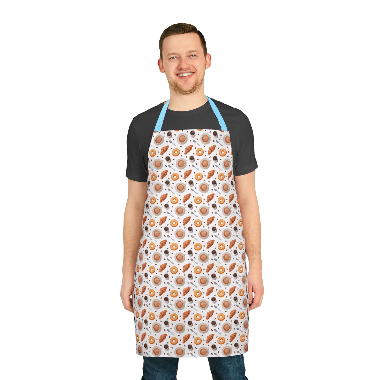 Man wearing the Apron Coffee Cups Donuts Croissants Beans Spoon, featuring playful patterns of coffee-related items. Crafted from soft, stain-free polyester canvas, ideal for cooking and crafting enthusiasts.