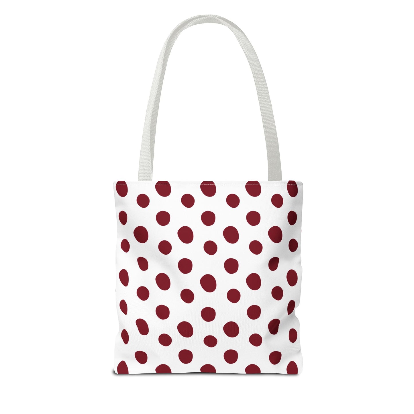 Burgundy Polka Dots Tote Bag features a stylish, durable design with red polka dots, ideal for everyday use. Perfect for adding a touch of classic elegance to any occasion.