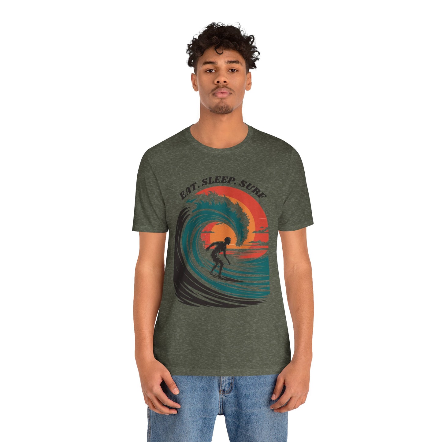 Surf Tee - Eat Sleep Surf Design featuring a man wearing a t-shirt with a surfer motif, exuding a laid-back, beachy vibe, perfect for casual outings and surf enthusiasts.