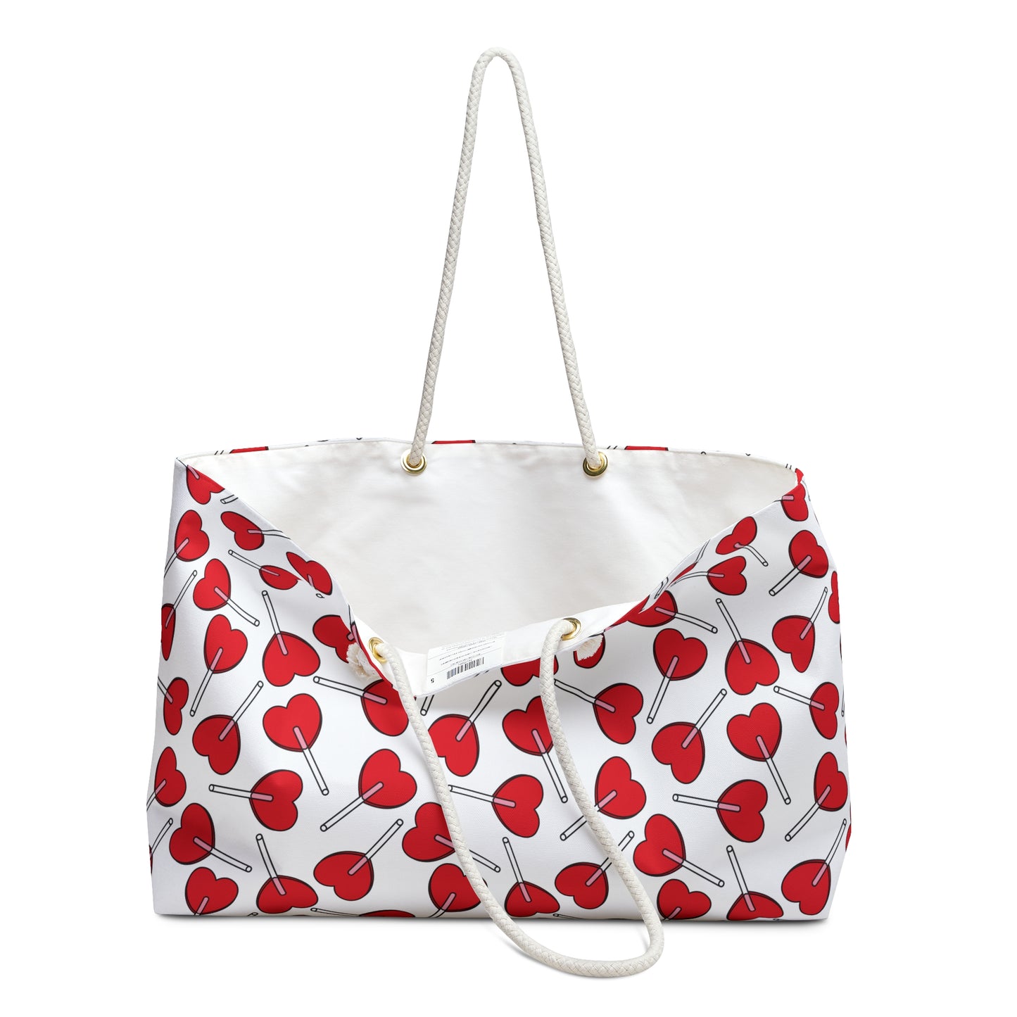 Weekender Bag - Heart Lollipops Design with durable rope handles, showcasing playful heart-shaped lollipop motifs, ideal for romantic getaways. Spacious and stylish, reflecting FireBrook Designs' cheerful, uplifting aesthetic.