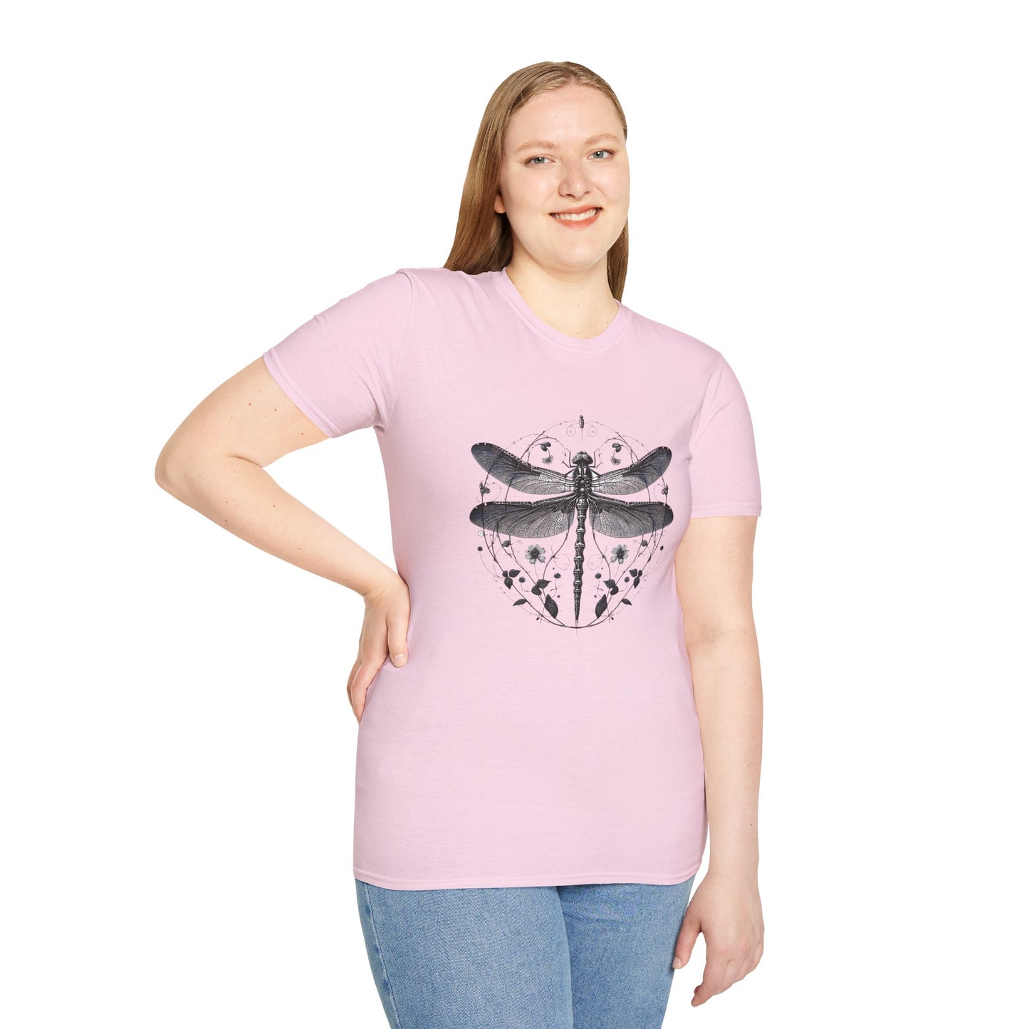 Dragonfly Gildan Unisex T-Shirt featuring a playful dragonfly design, made from ethically sourced cotton, offering comfort and style for any casual occasion, in line with FireBrook Essentials' uplifting ethos.
