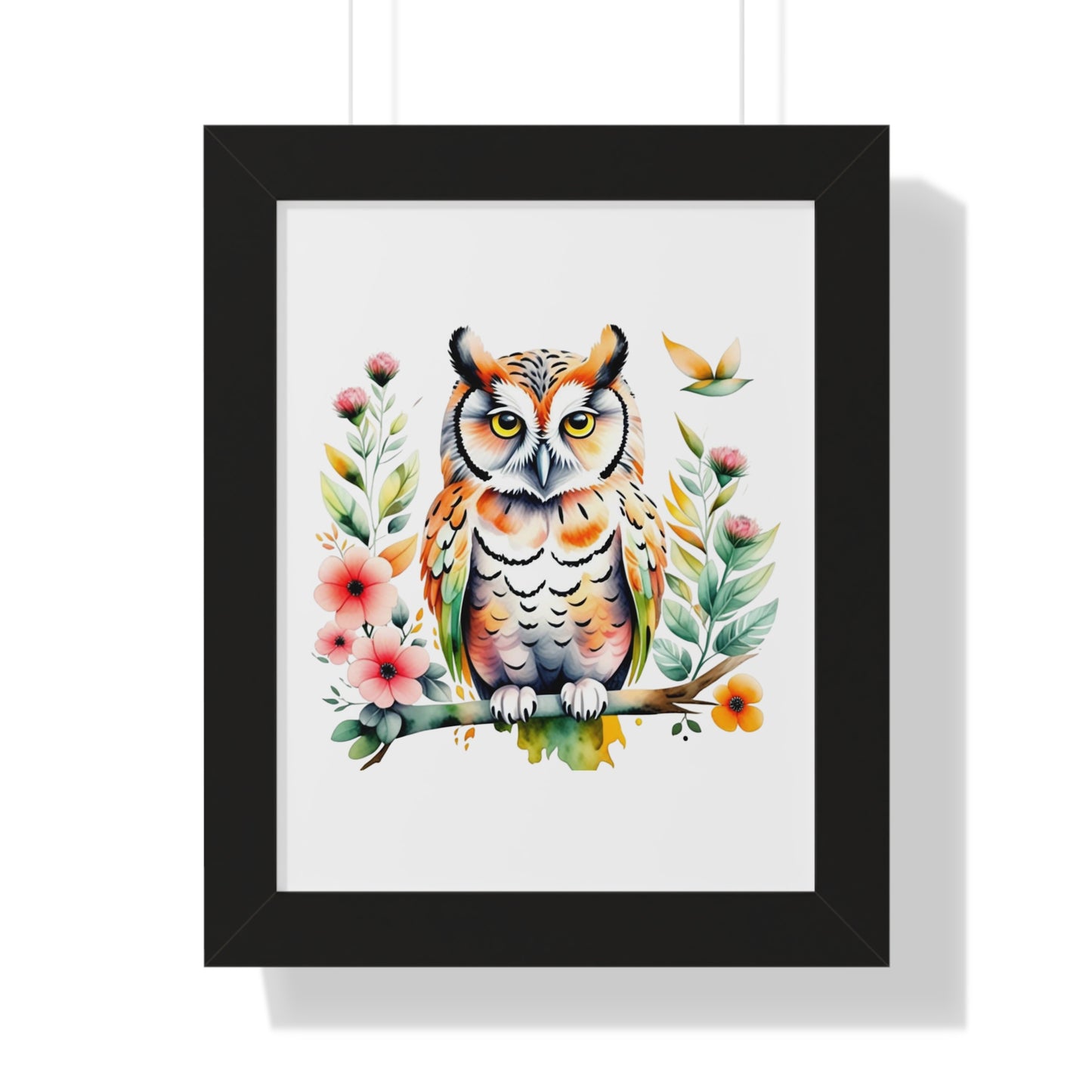 Owl in Watercolor Wall Art: A framed poster depicting a colorful owl perched on a branch with flowers, showcasing vibrant inks on archival paper, perfect for nature enthusiasts and art lovers.