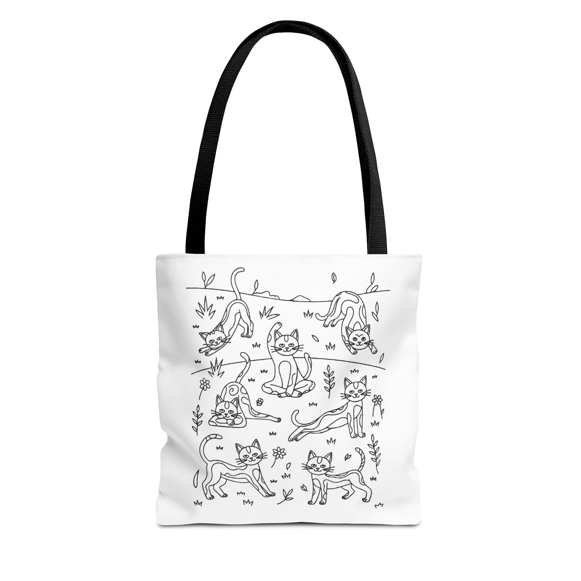 Yoga Cat Tote Bag featuring whimsical cats in yoga poses, ideal for cat lovers and yoga enthusiasts. Durable, spacious, and perfect for daily errands. Available in multiple sizes, with reinforced handles for easy carrying.