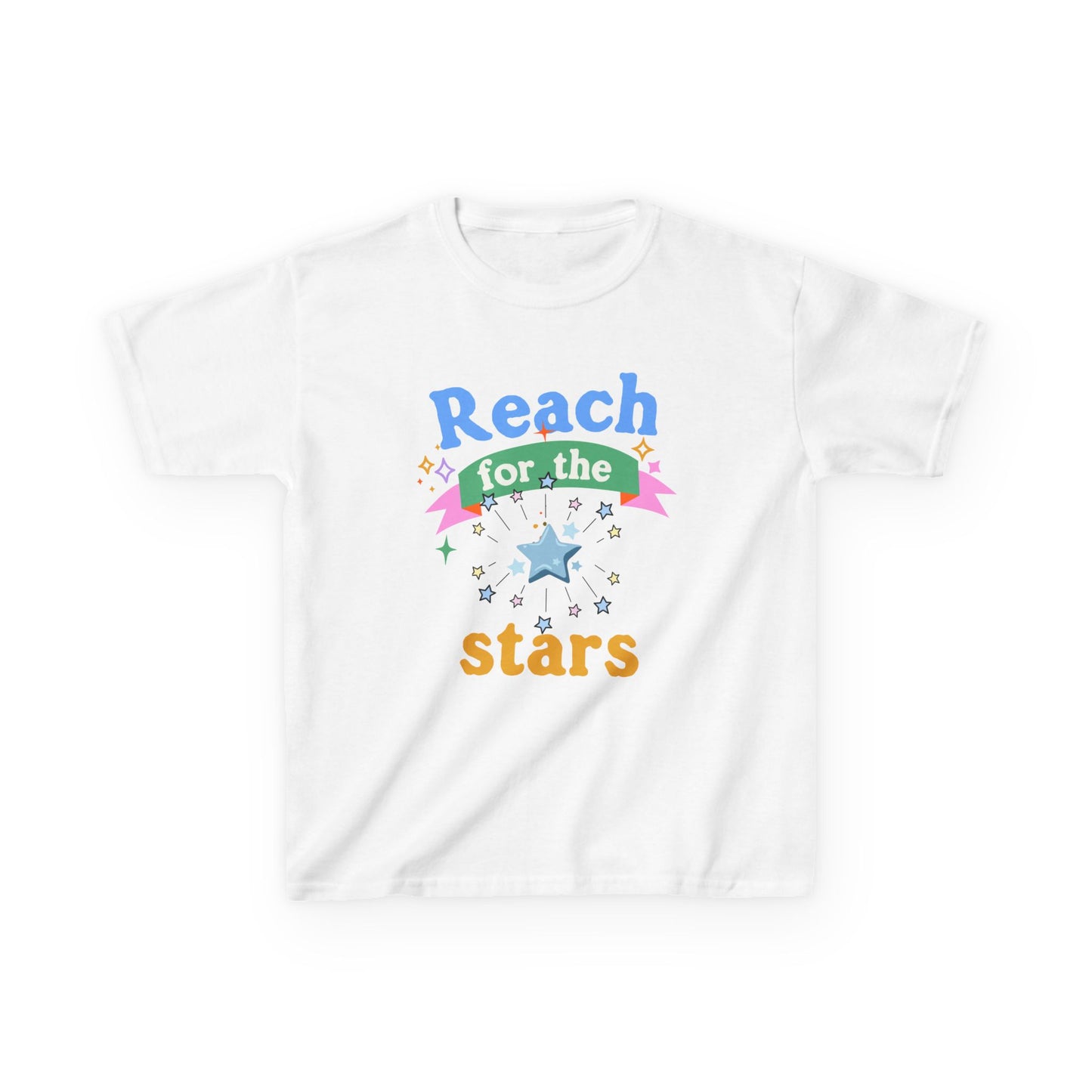 Reach For The Stars Youth Gildan Unisex T-Shirt featuring colorful text and star motifs, ideal for young dreamers. Perfect for casual wear, it embodies adventure and inspiration.