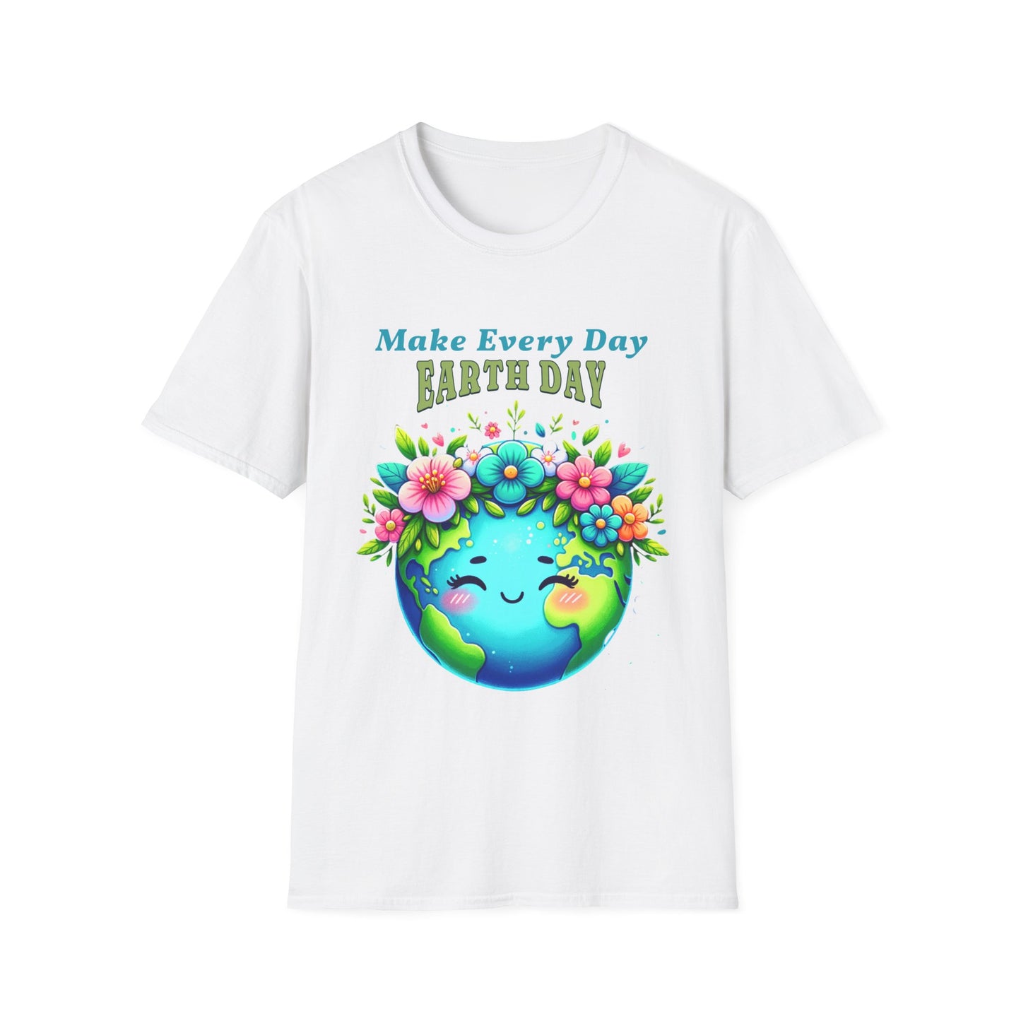 Make Every Day Earth Day Gildan Unisex T-Shirt features a cartoon earth with flowers, embodying sustainability. Ideal for eco-conscious wearers, this shirt from FireBrook Essentials promotes positivity and environmental awareness.