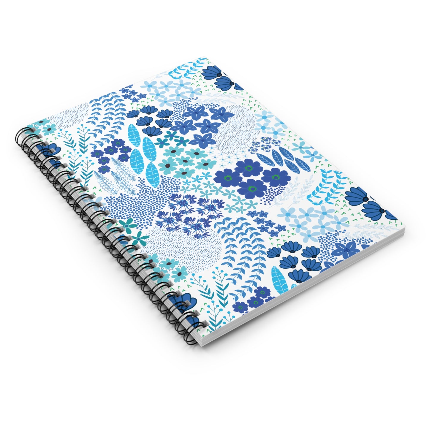 Floral Blue Motif Spiral Notebook features a vibrant blue-and-teal floral cover on white, with durable spiral binding for easy page flipping, perfect for creative note-taking and sketching. Ideal for students and artists.