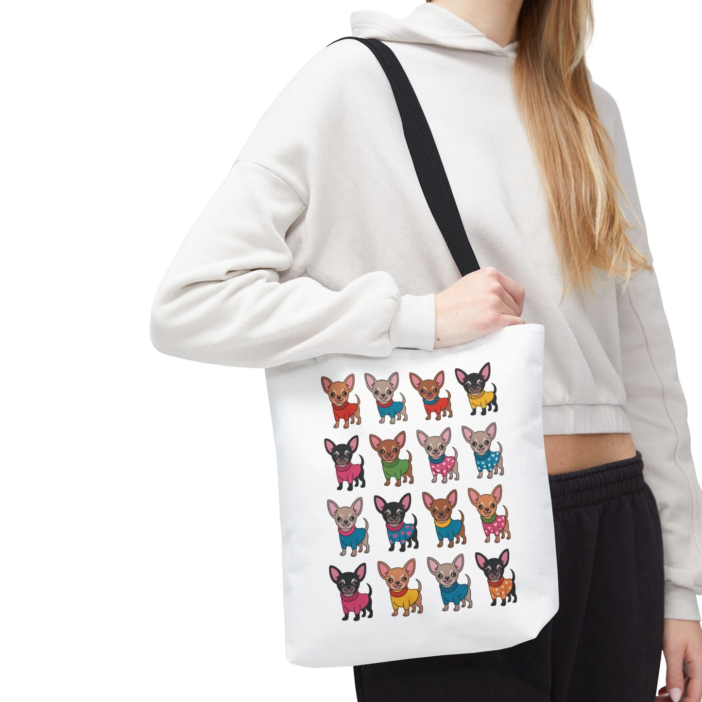 Chihuahua with Wardrobe Portraits Tote Bag featuring charming chihuahua illustrations in various outfits, perfect for dog lovers seeking a playful, unique accessory for errands or gifting, available in multiple sizes.