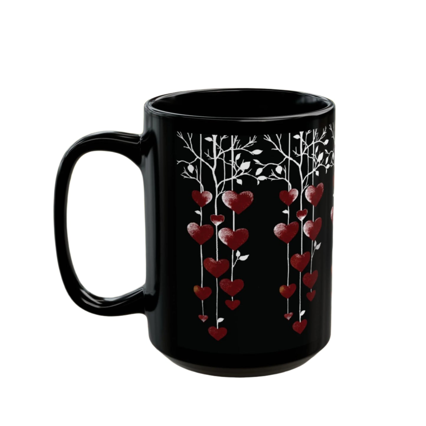 String of Hearts Mug (11oz, 15oz) featuring a glossy black ceramic finish adorned with vibrant red hearts, perfect for romantic occasions, complete with a C-shaped handle for easy grip.