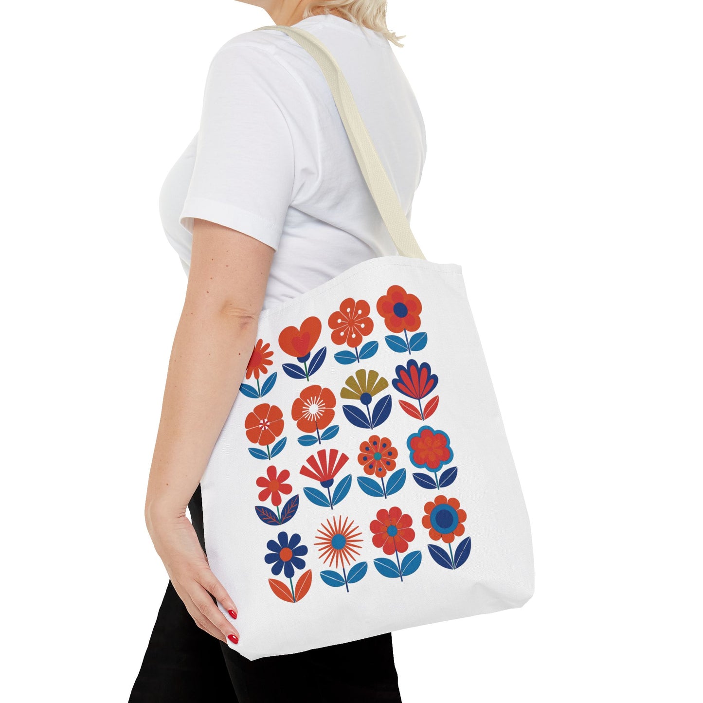 Floral Tote Bag featuring mid-century modern floral elements, showcasing a trendy design. Ideal for everyday use with durable polyester, reinforced handles, and boxed corners, perfect for fashion-forward individuals seeking unique style.