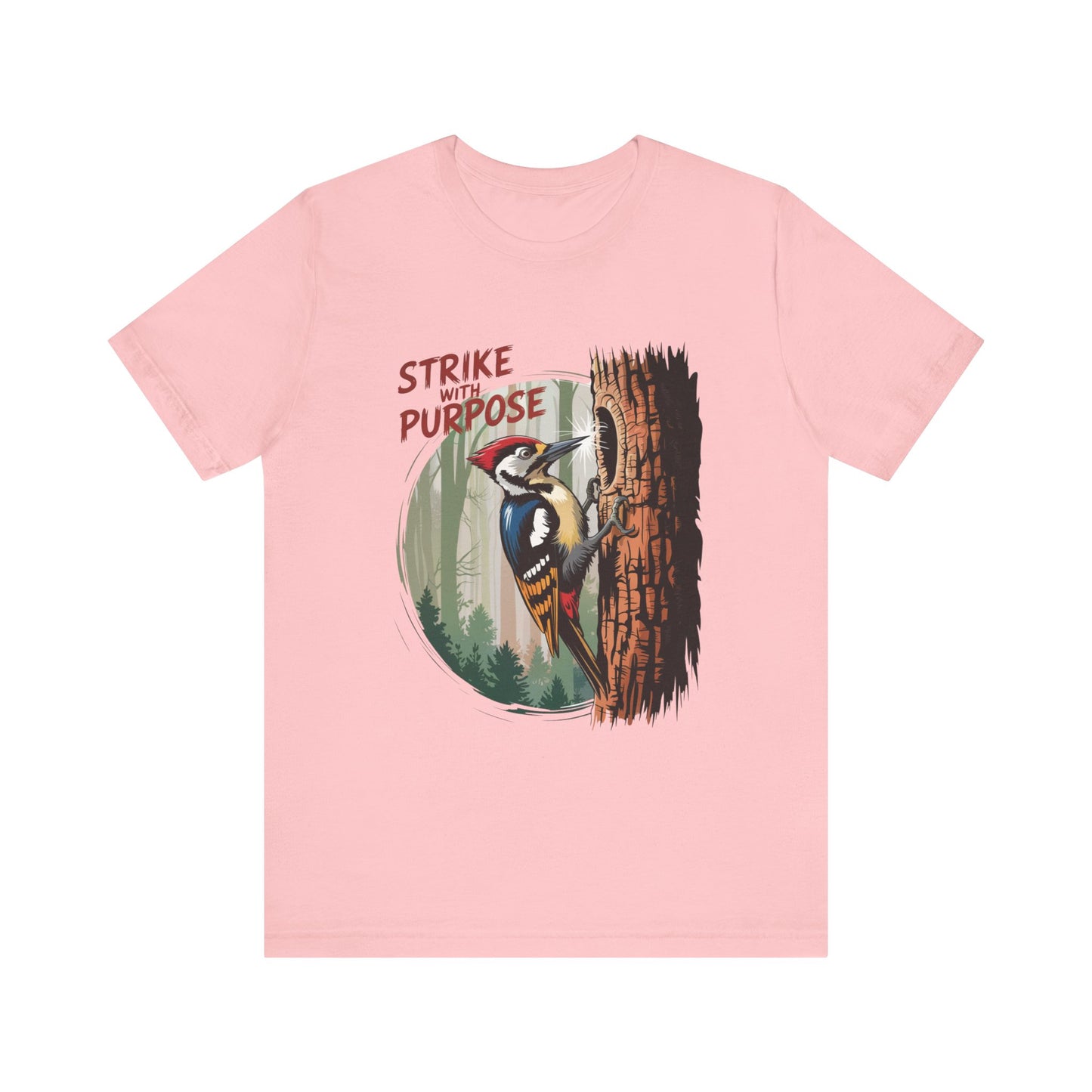 Woodpecker: Strike with a Purpose Bella+Canvas Unisex T-Shirt featuring a cartoon woodpecker climbing a tree, symbolizing motivation. Ideal for casual wear and nature enthusiasts.