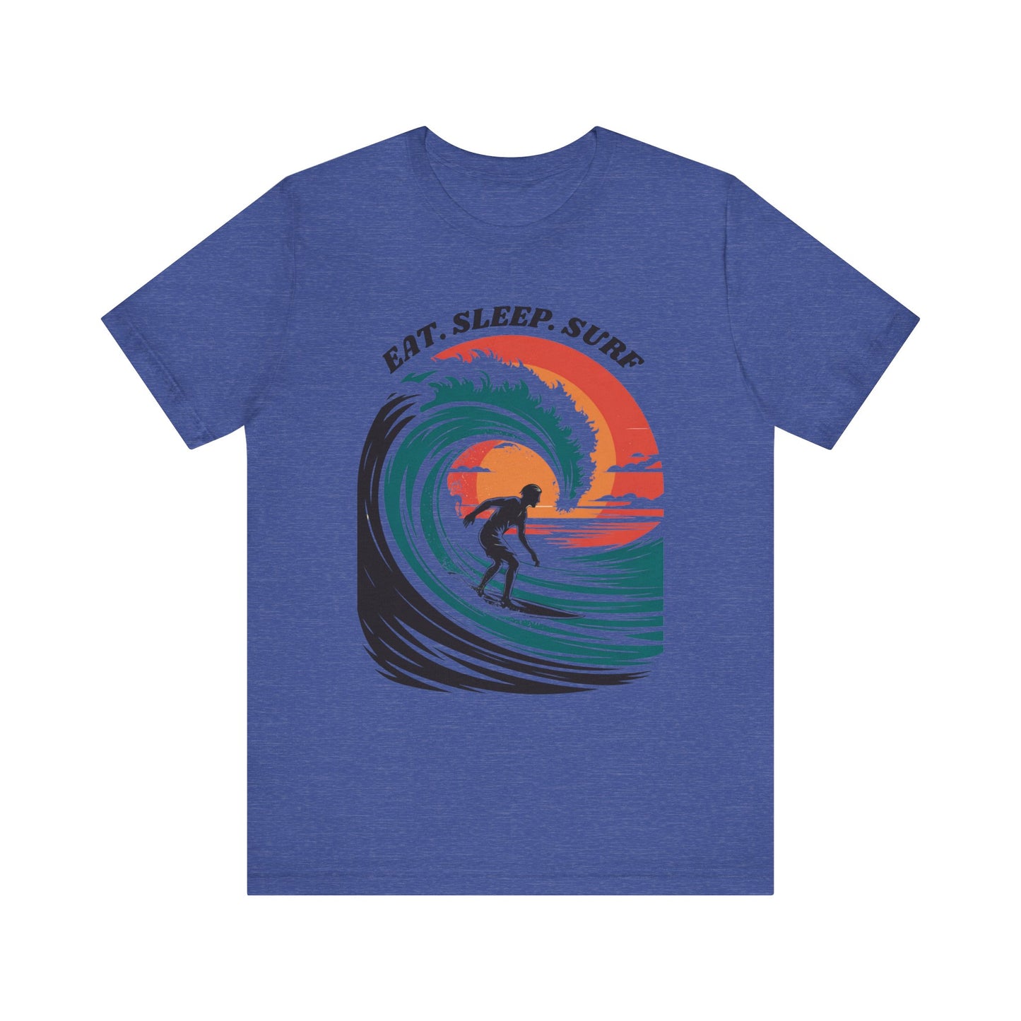 Surf Tee - Eat Sleep Surf Design features a graphic of a man surfing on waves, capturing a laid-back, beachy vibe, perfect for surf enthusiasts and casual wear from FireBrook Essentials.