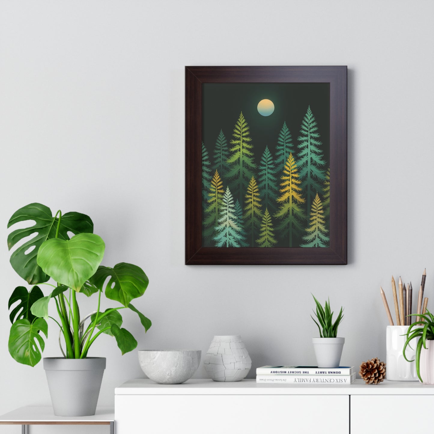 Vertical Forest Poster showcasing stylized pine trees in a minimalist design, ideal for adding a touch of nature to any room. Perfect for nature lovers and art enthusiasts.
