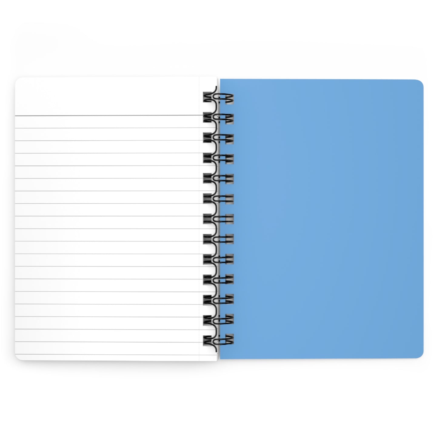 SPIRAL JOURNAL, DURABLE GLOSSY COVER, RULED, 5X7, features an open layout with a white ruled page and a blue cover, joined by a removable black metal spiral for easy handling.