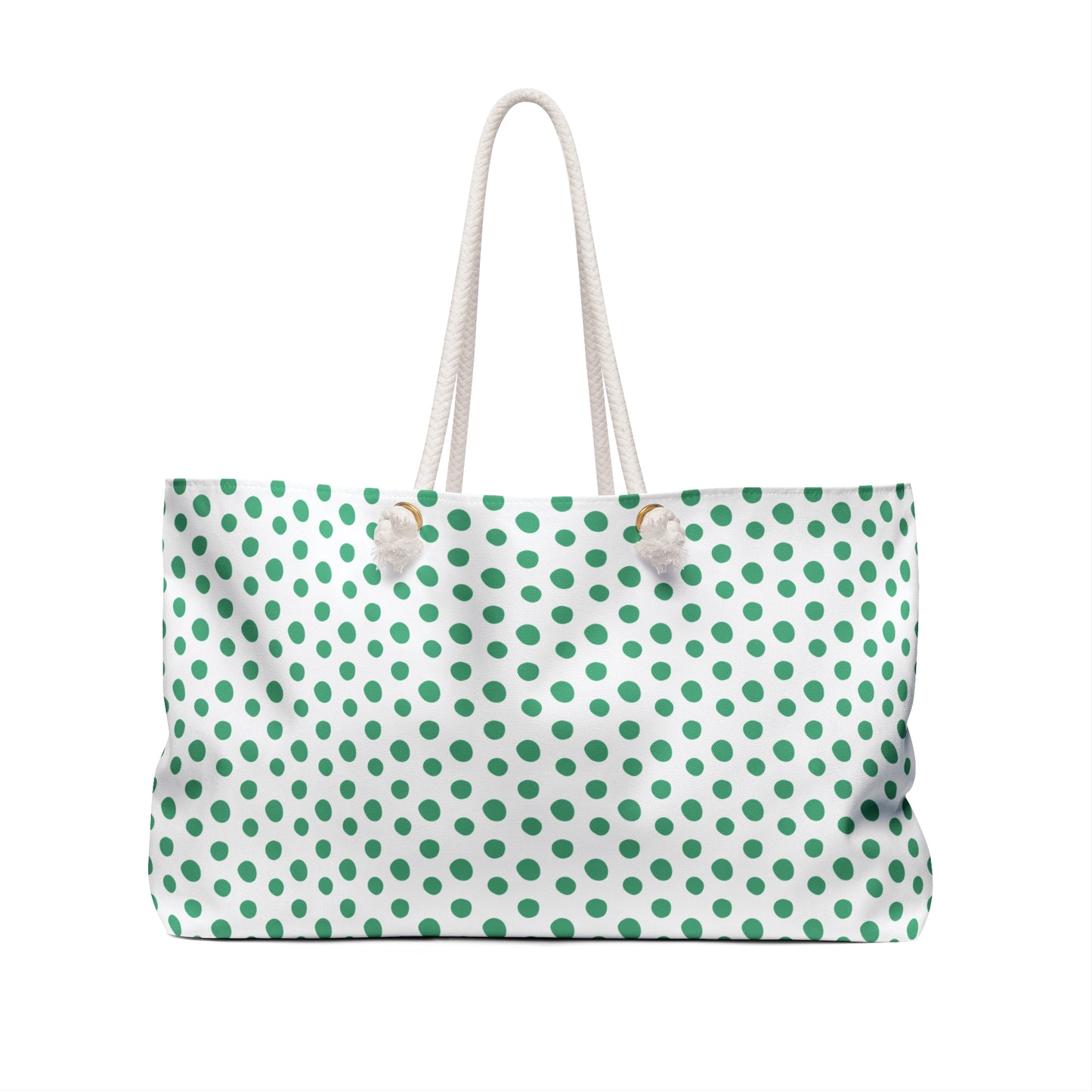 C Weekender Bag Green Polka Dots Travel Tote showcases a playful white and green polka dot design, perfect for stylish, joyful getaways. Features sturdy rope handles and spacious interior for easy access.