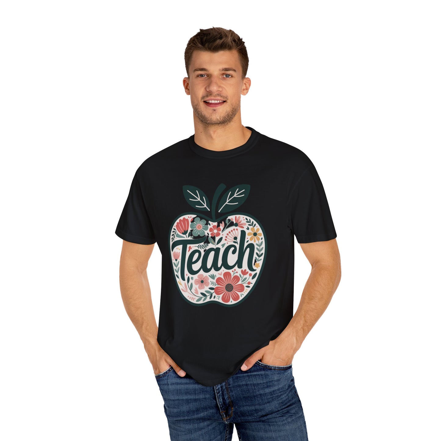 Floral Apple TEACH T-shirt with a hand-drawn floral apple design and TEACH script overlay, embodying the joyful, uplifting spirit of FireBrook Essentials. Ideal for educators and nature enthusiasts.