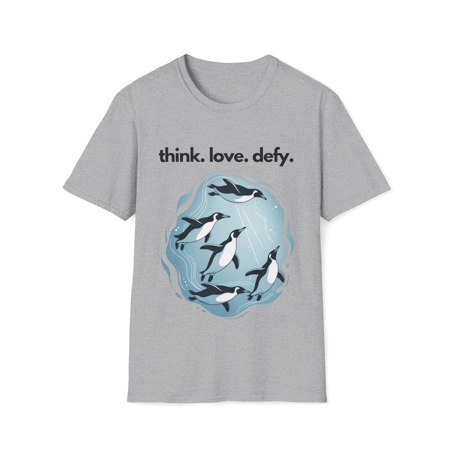 Think Love Defy Penguin Animal Nature Gildan Unisex T-Shirt featuring a whimsical penguin design, ideal for casual wear and nature lovers. Perfect for expressing individuality and style during outdoor adventures.