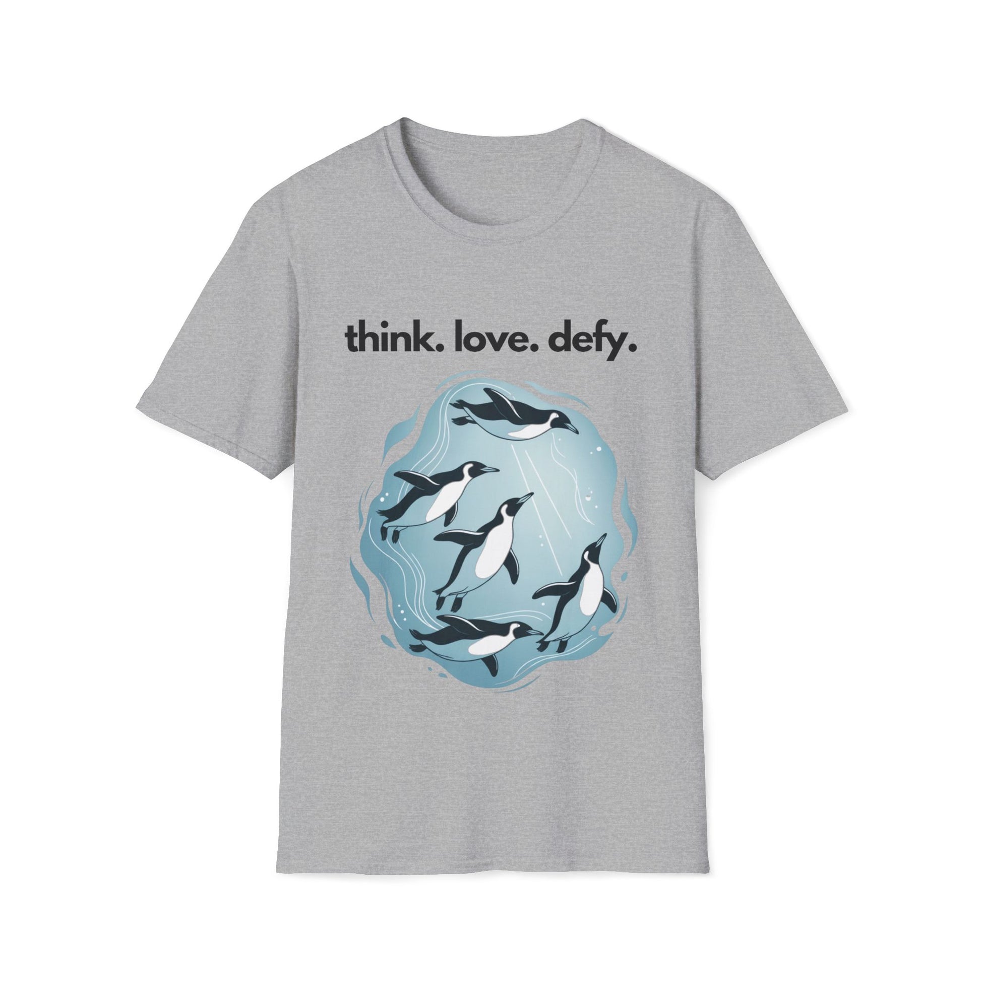 Think Love Defy Penguin Animal Nature Gildan Unisex T-Shirt featuring a whimsical penguin design, ideal for casual wear and nature lovers. Perfect for expressing individuality and style during outdoor adventures.