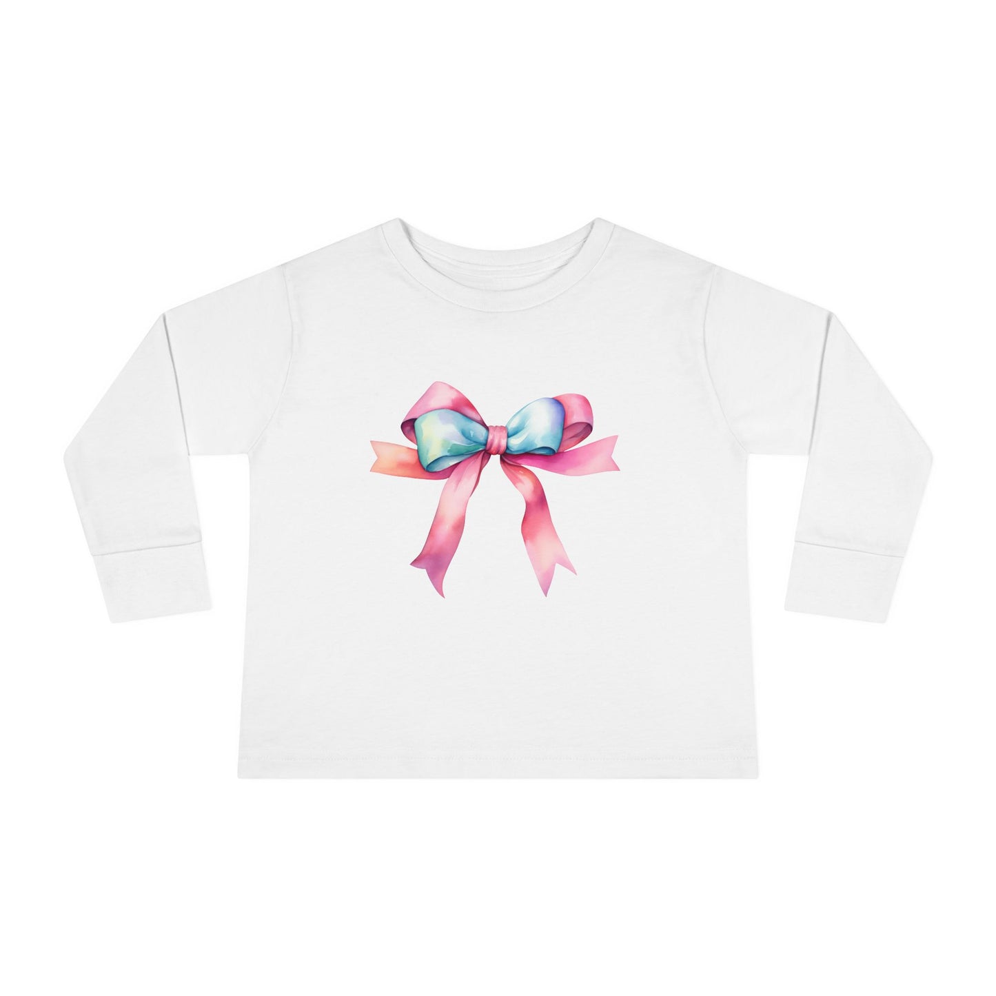 Pink Ribbon Long Sleeve Toddler T-Shirt featuring a pink bow design on a white background, highlighting comfort and style for toddlers, aligning with FireBrook Essentials' uplifting and positive apparel offerings.