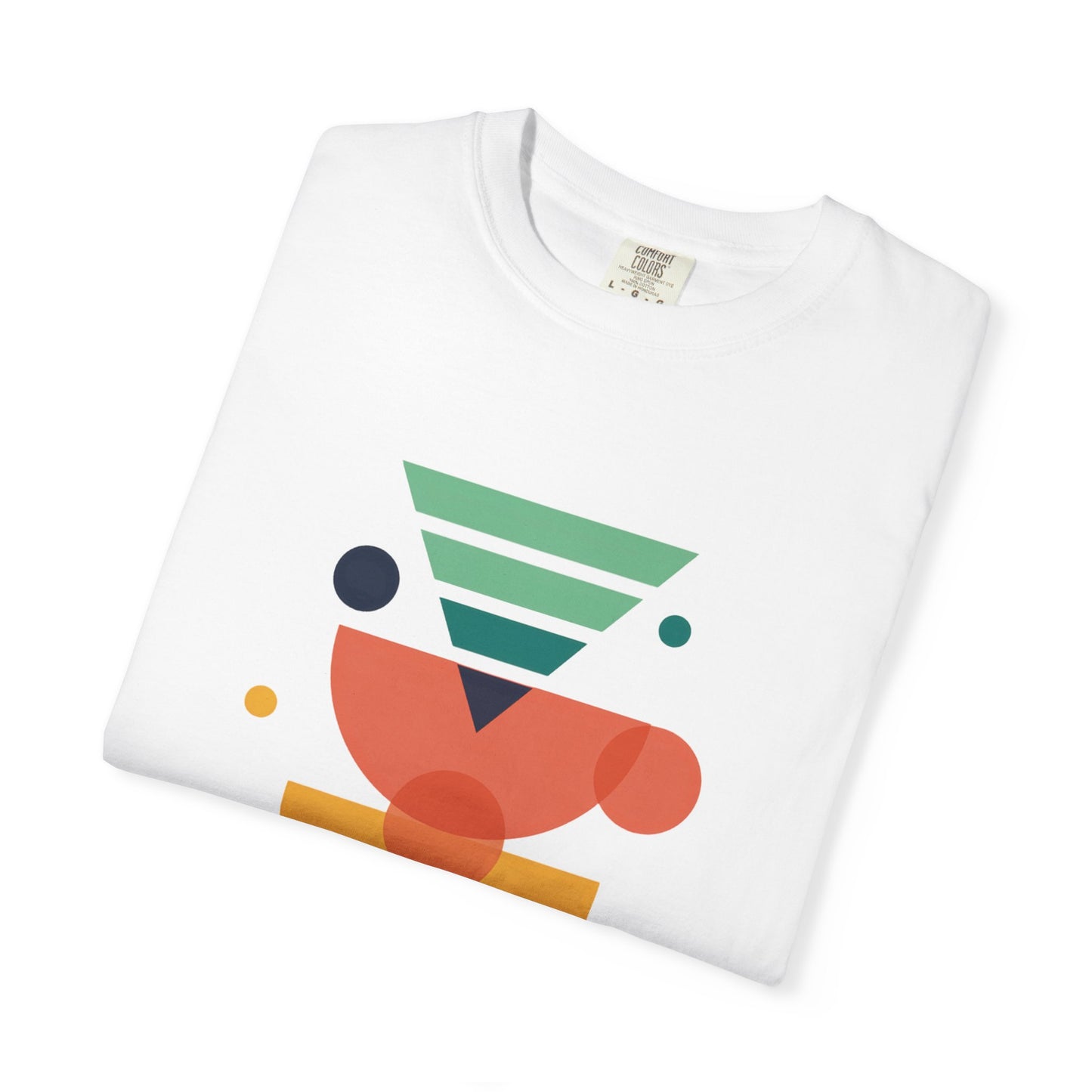 Geometric Abstract in Teal, Blue, Yellow, Pink, Green T-Shirt features a stylish vector-style design with colorful geometric shapes, offering a trendy, artistic look in a relaxed fit, perfect for versatile wear.