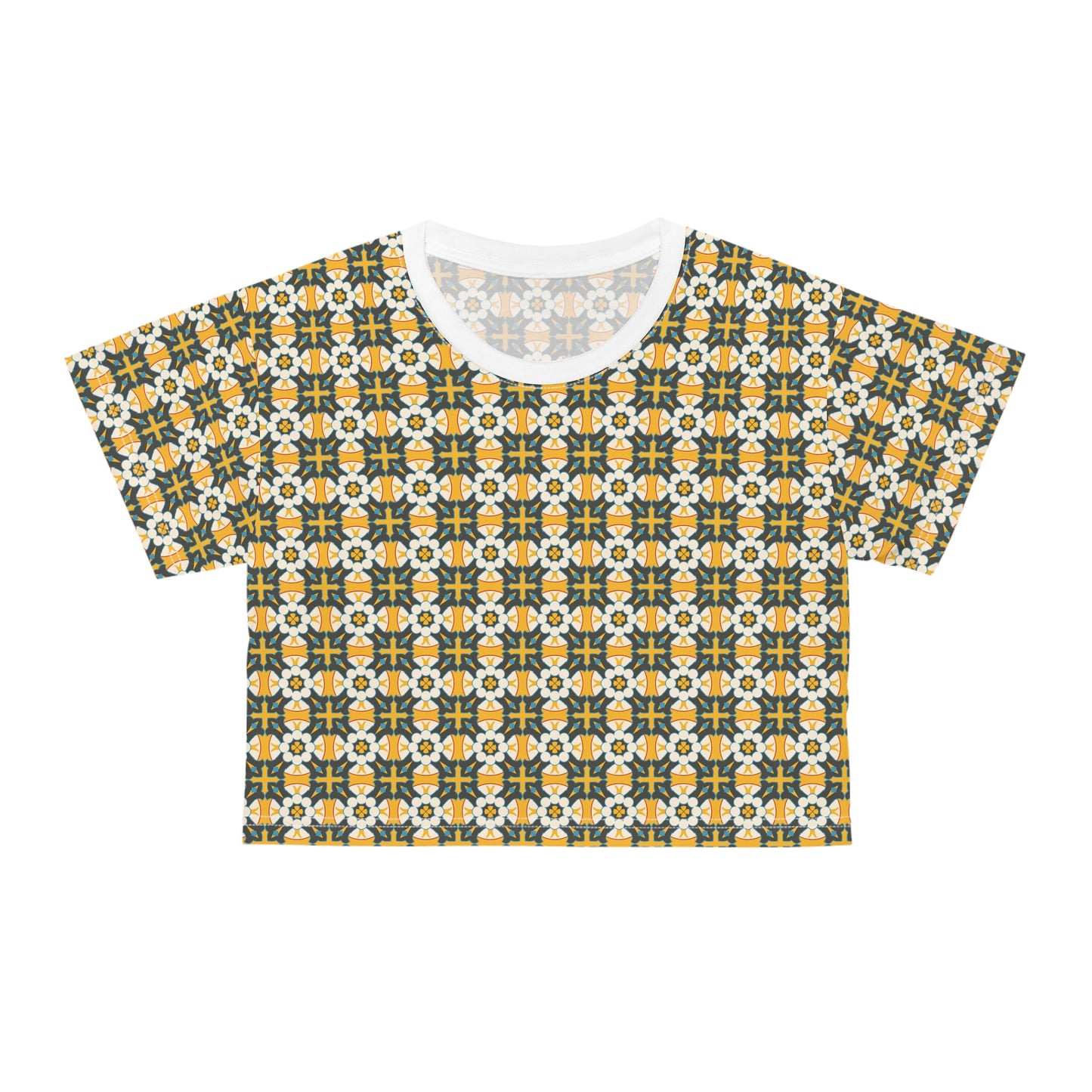 Boho Floral Pattern for Summer Vibes Crop T-Shirt featuring a vibrant white and orange design, ideal for casual outings. This stylish top embodies FireBrook Essentials' uplifting, joyful approach to fashion.