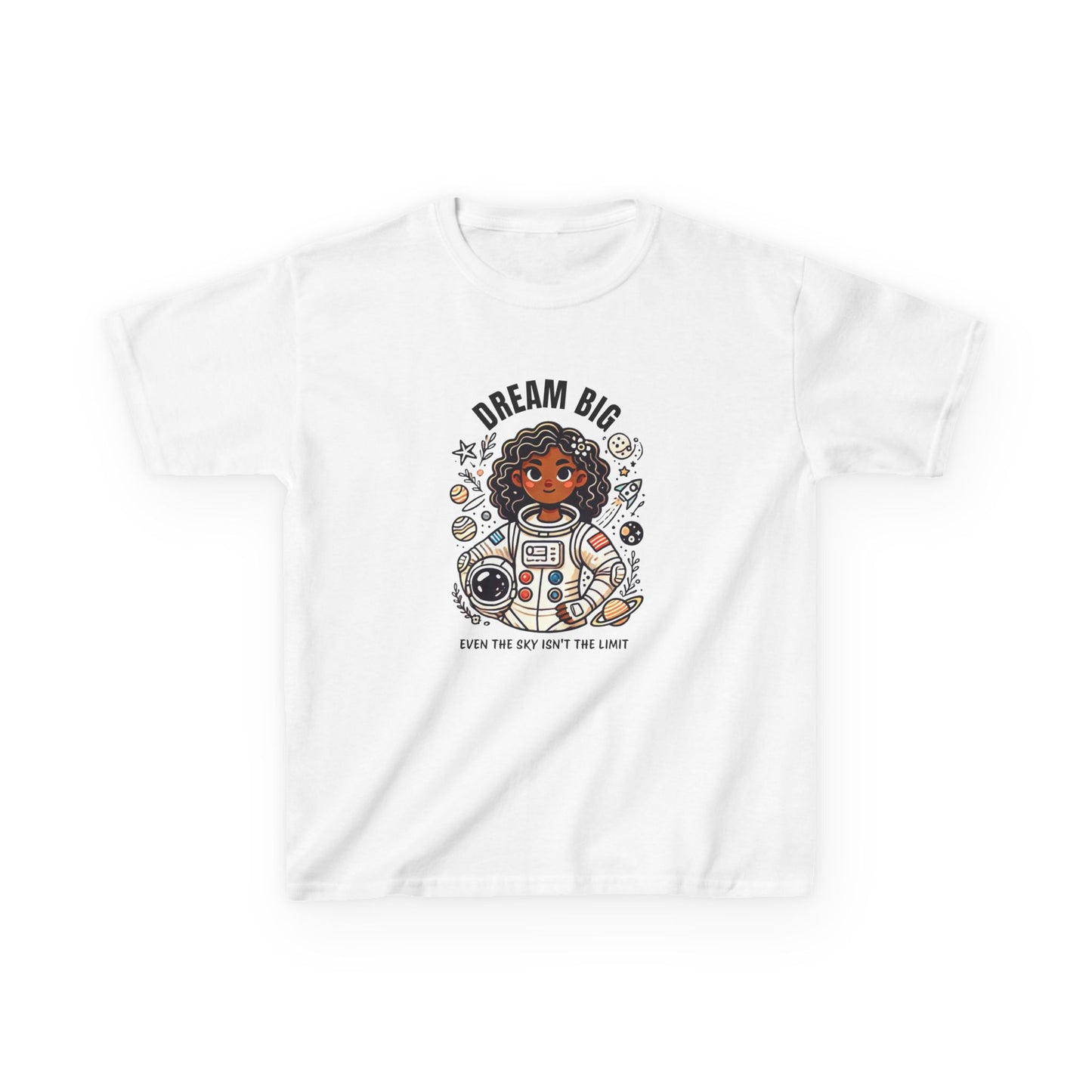 Dream Big - Even the Sky's Not the Limit Astronaut Girl Youth T-Shirt featuring a cartoon of a girl in a space suit, ideal for inspiring creativity in young dreamers.