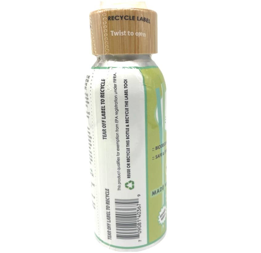 Glamper Camper Wonder Bug Repellent in a small cylindrical bottle with eco-friendly, bamboo-style cap, featuring recycling instructions on its label, highlighting its sustainable, travel-friendly design and natural, DEET-free ingredients.