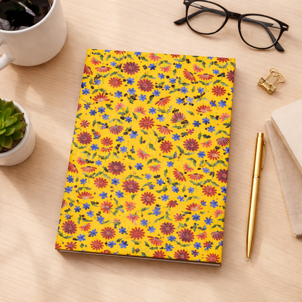 Floral Pattern Hardcover Journal — Bright Yellow Wildflower Notebook surrounded by a gold pen, black-rimmed glasses, and a succulent, showcasing FireBrook Designs' uplifting, joyful aesthetic through vibrant wildflower motifs.