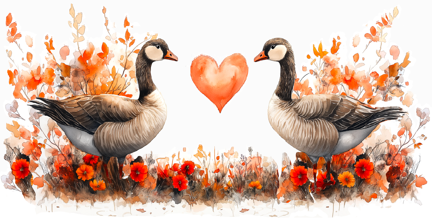 Geese Love Mug (11oz, 15oz) showcases two geese facing each other with a heart between them, embodying romance and charm, ideal for a heartfelt Valentine's Day gift.